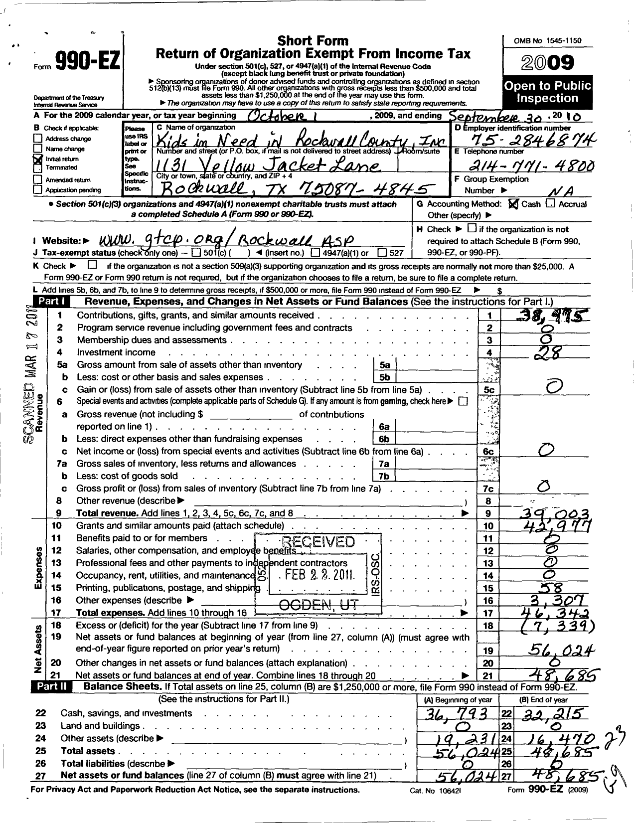 Image of first page of 2009 Form 990EO for Rainbow Room of Rockwall County