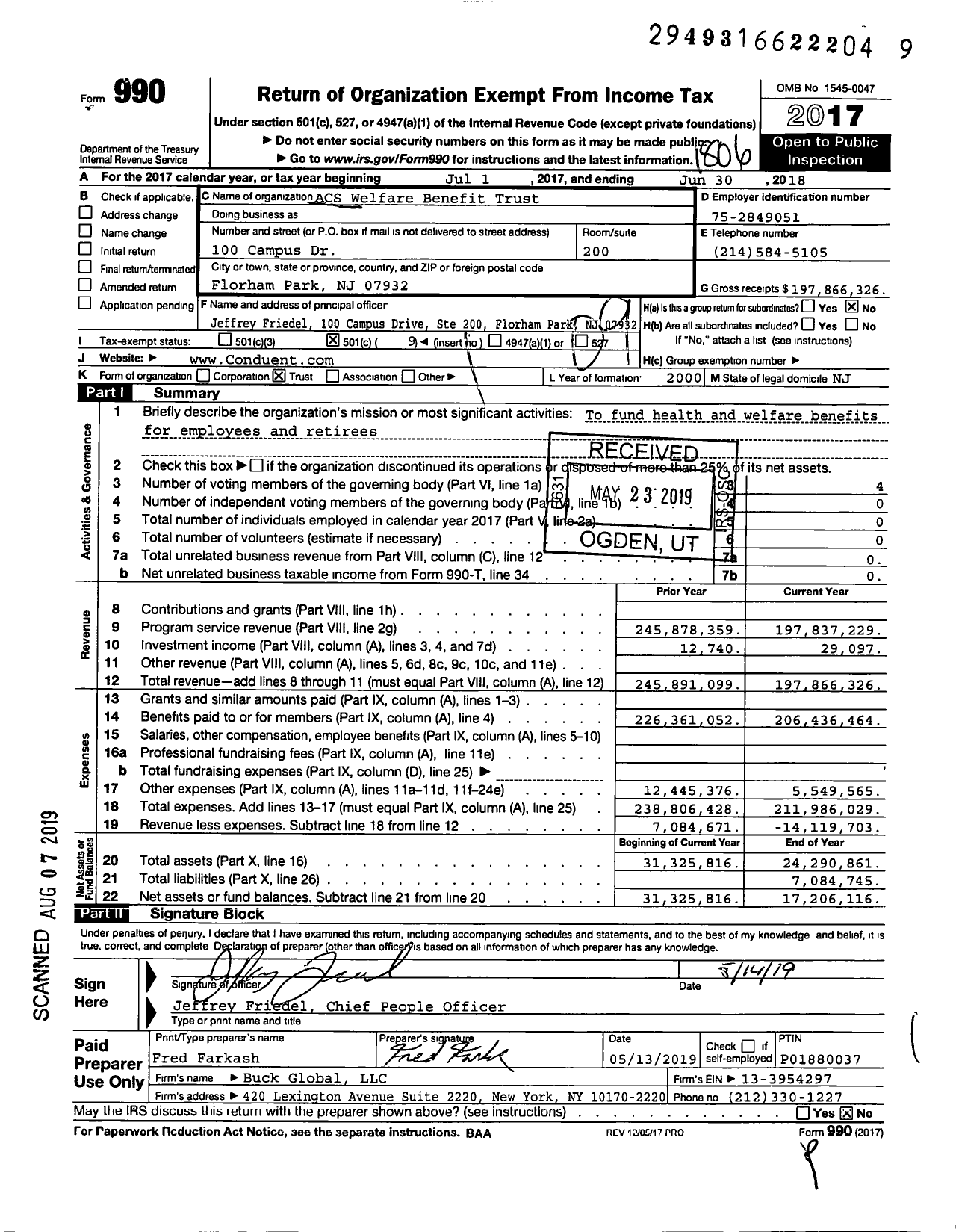 Image of first page of 2017 Form 990O for ACS Welfare Benefit Trust