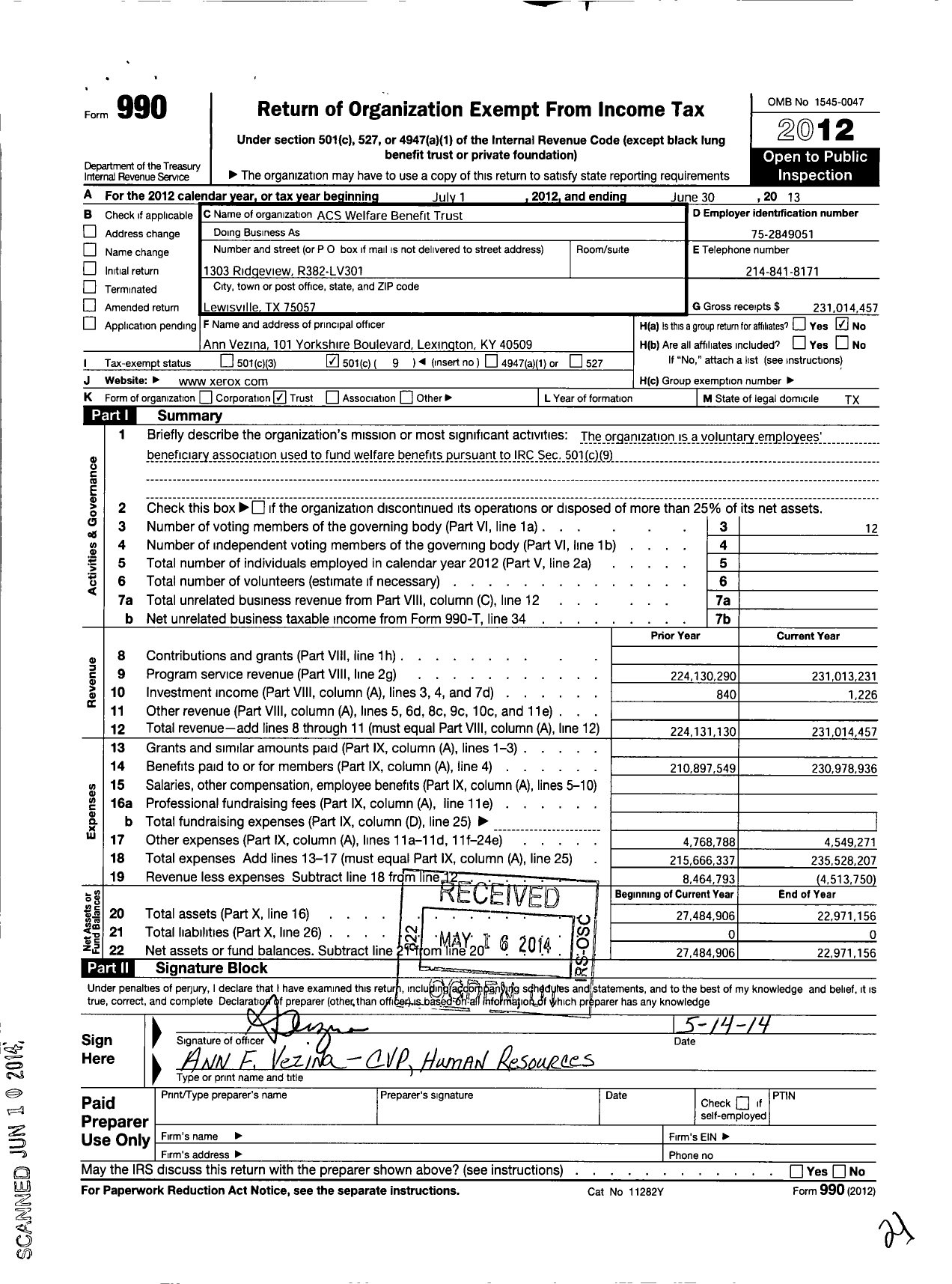 Image of first page of 2012 Form 990O for ACS Welfare Benefit Trust