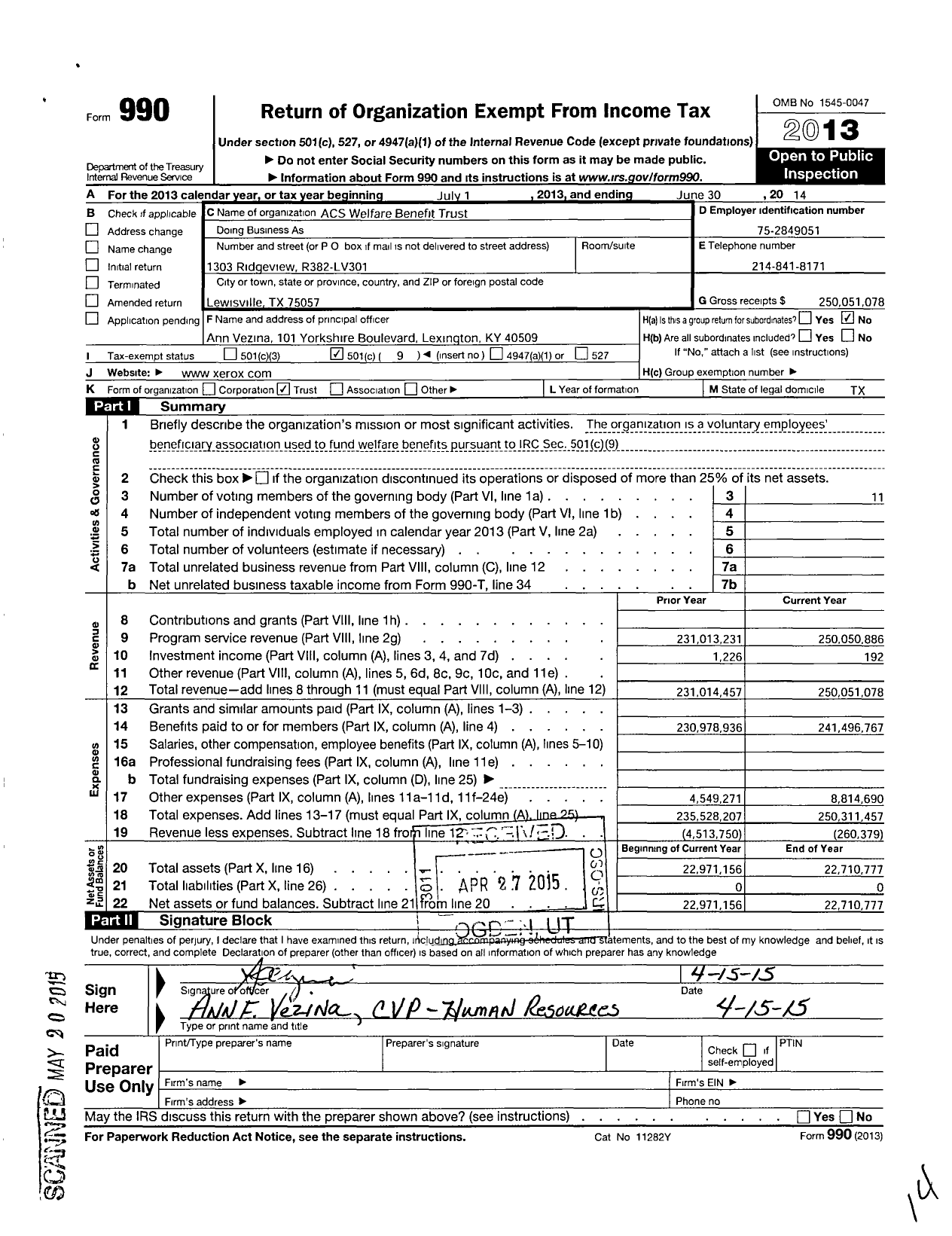 Image of first page of 2013 Form 990O for ACS Welfare Benefit Trust