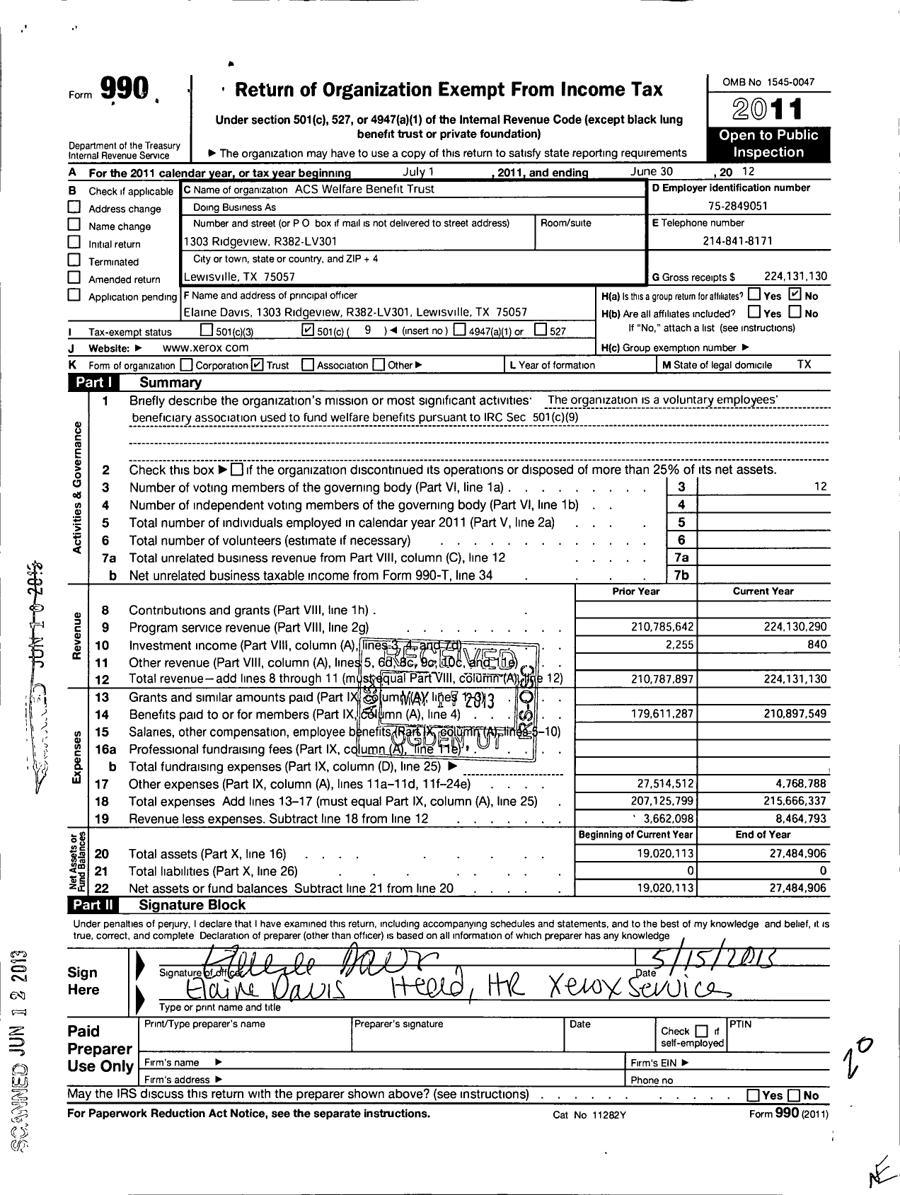 Image of first page of 2011 Form 990O for ACS Welfare Benefit Trust