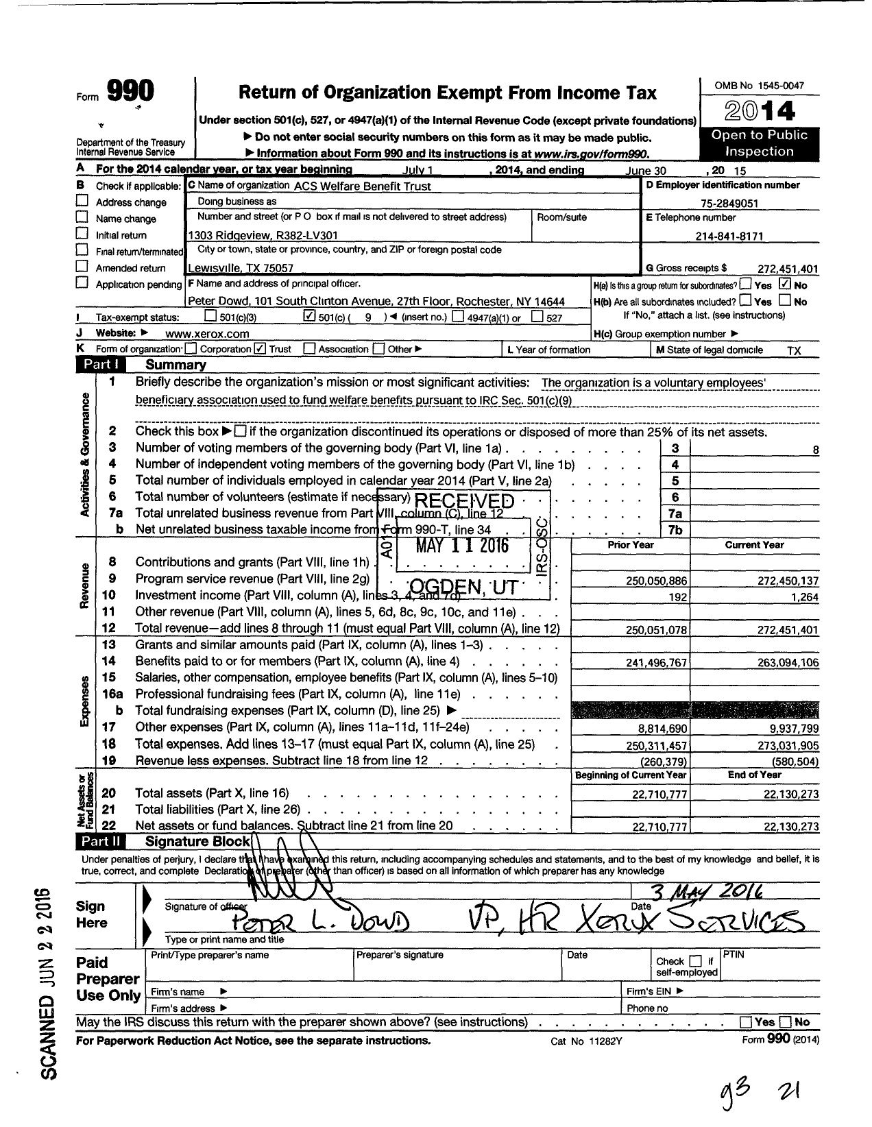 Image of first page of 2014 Form 990O for ACS Welfare Benefit Trust