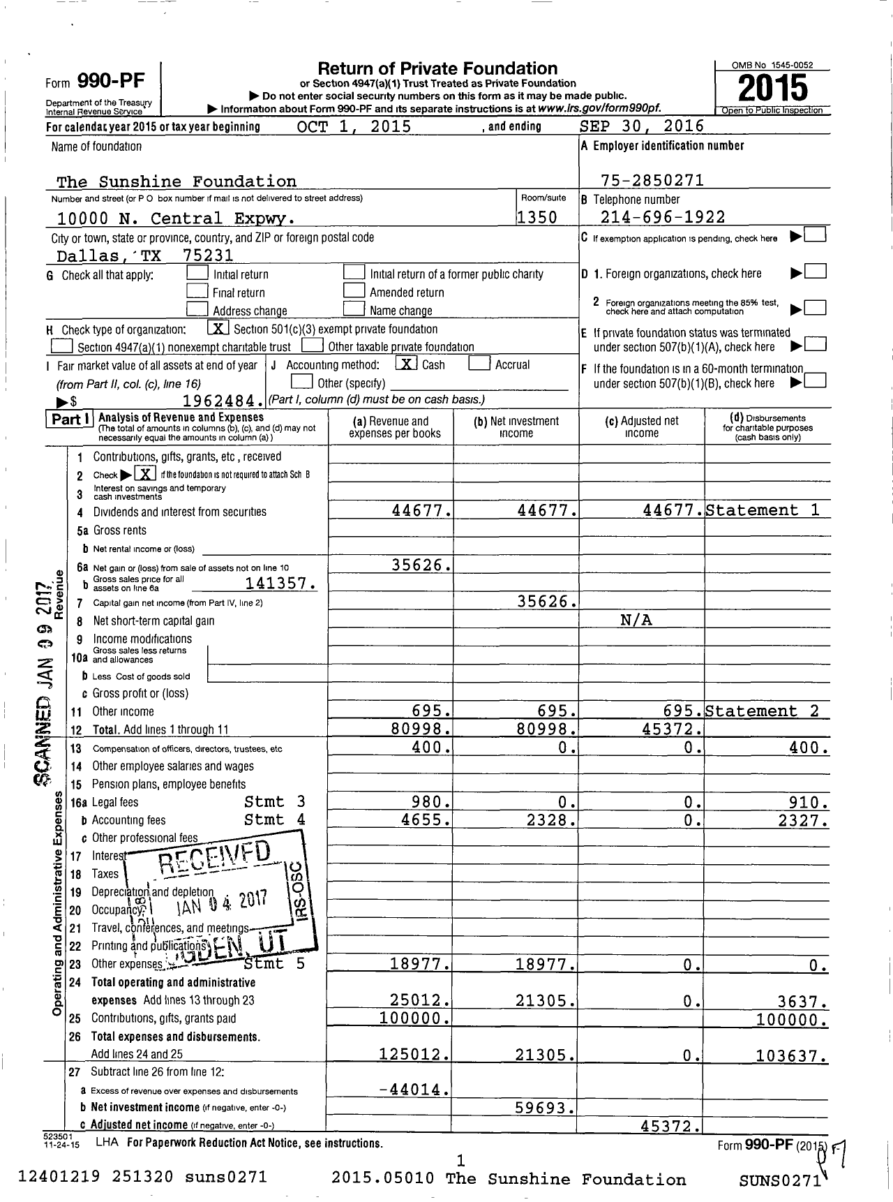 Image of first page of 2015 Form 990PF for The Sunshine Foundation
