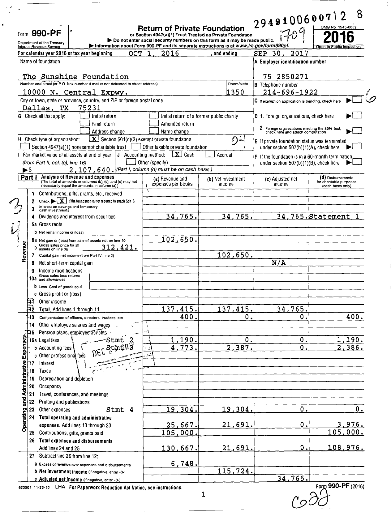Image of first page of 2016 Form 990PF for The Sunshine Foundation