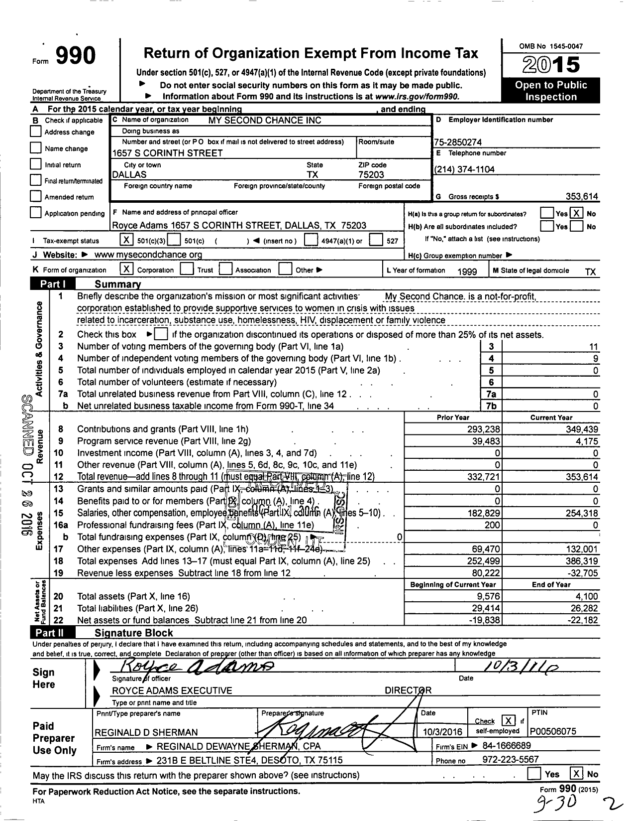 Image of first page of 2015 Form 990 for My Second Chance