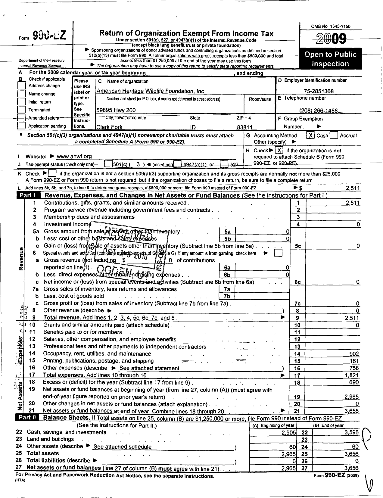 Image of first page of 2009 Form 990EZ for American Heritage Wildlife Foundation