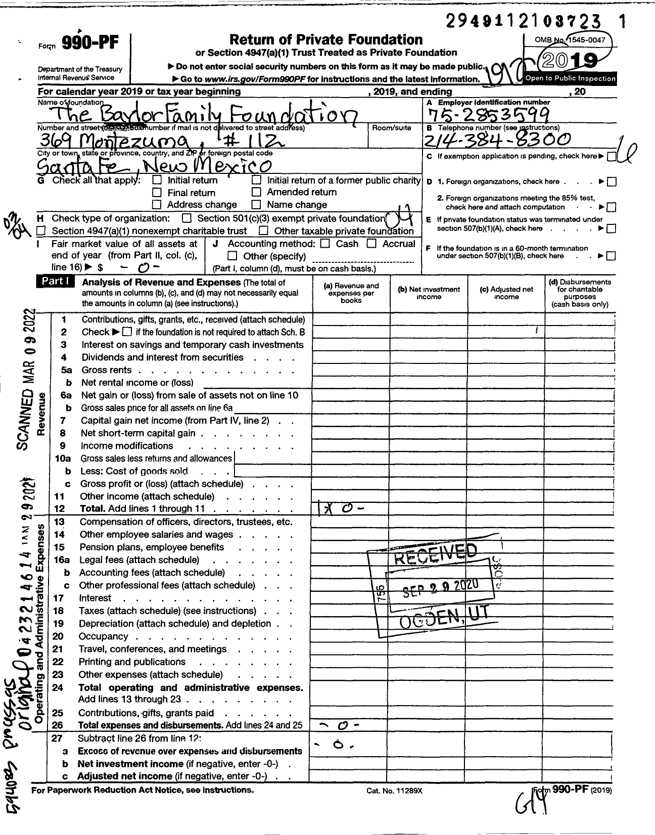 Image of first page of 2019 Form 990PF for The Baylor Family Foundation