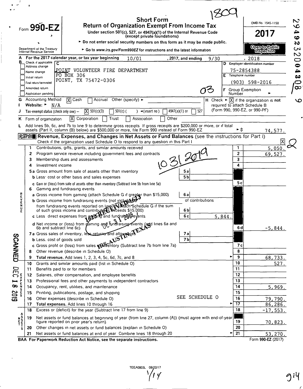 Image of first page of 2017 Form 990EZ for Point Volunteer Fire Department