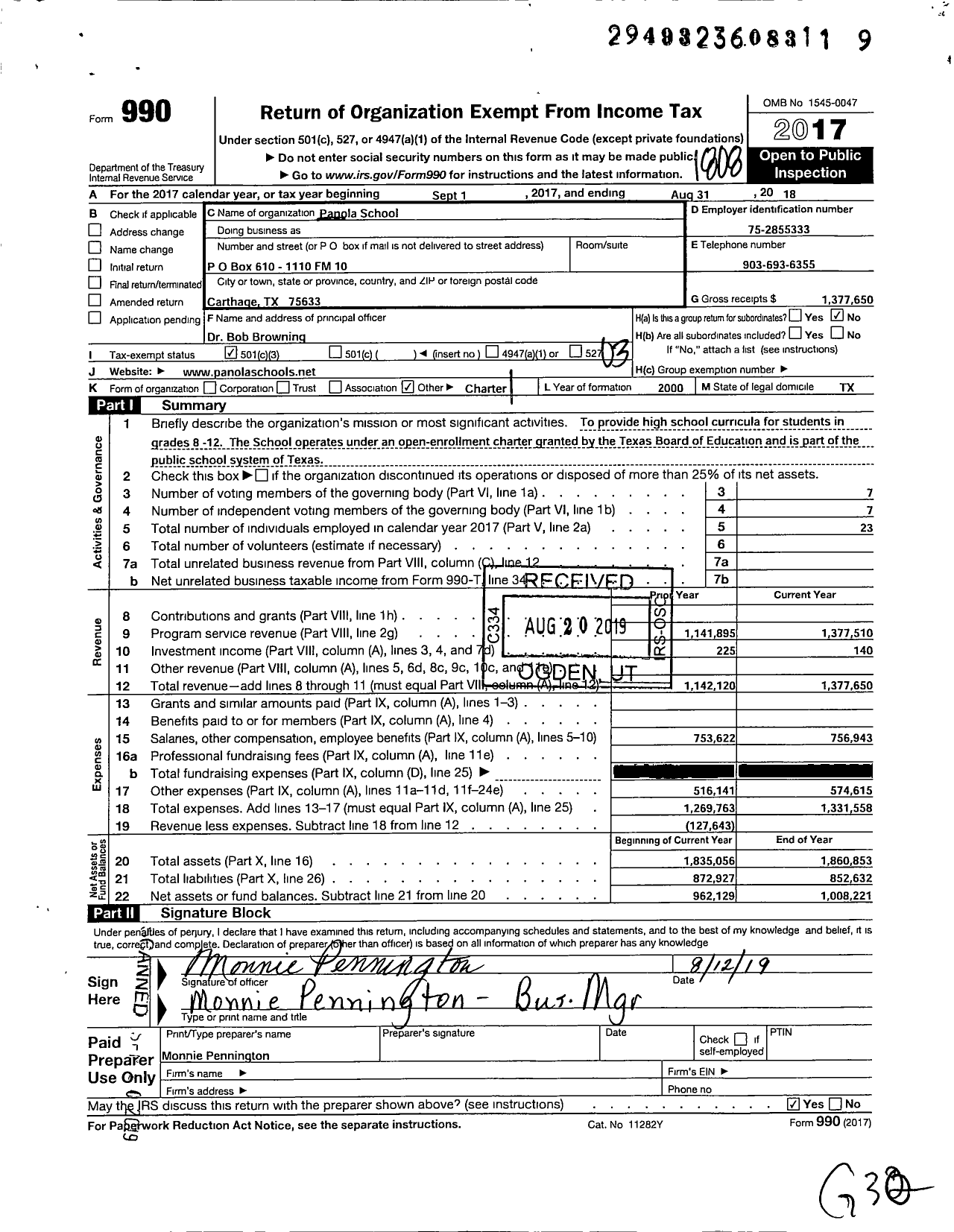 Image of first page of 2017 Form 990 for Panola School