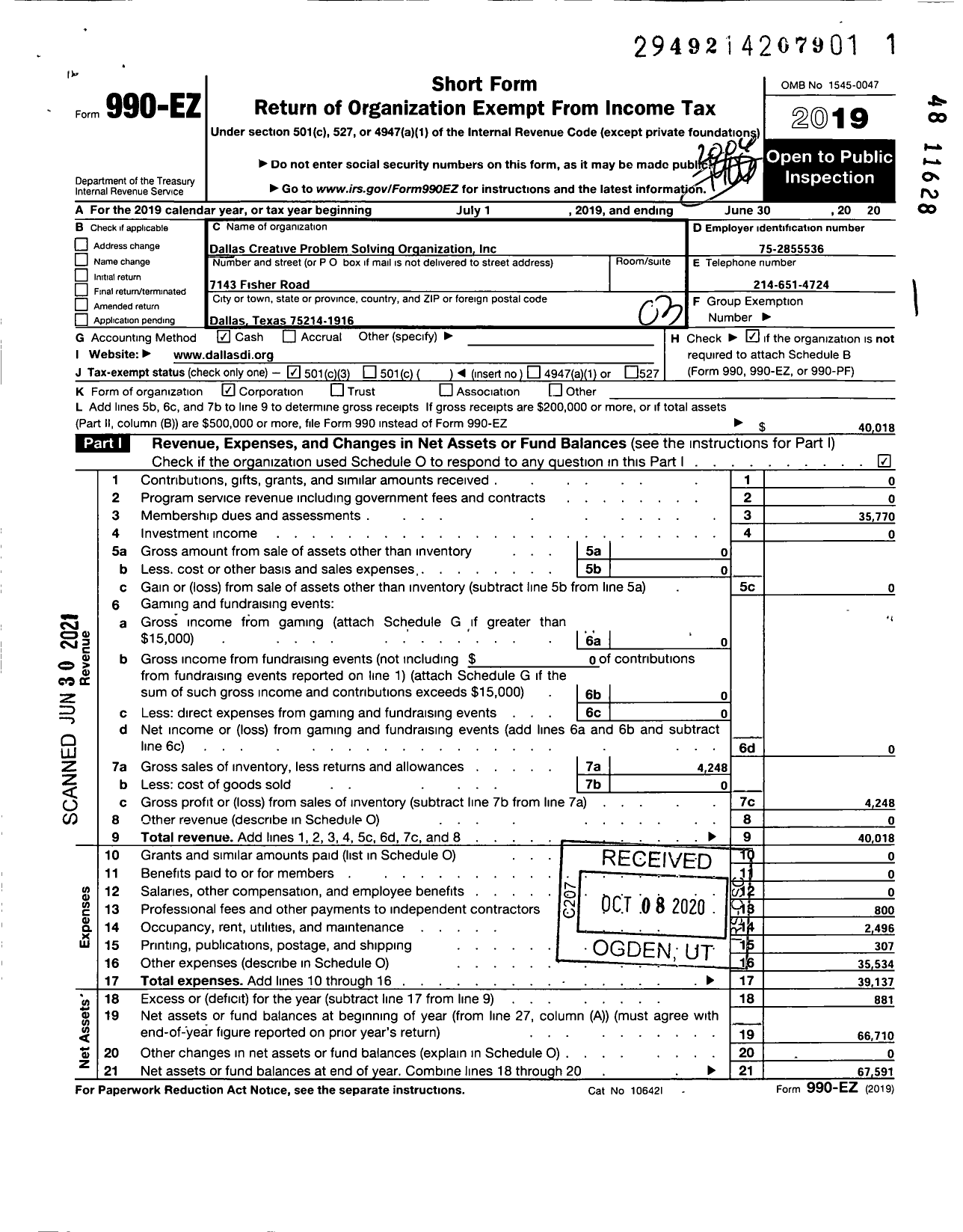 Image of first page of 2019 Form 990EZ for Txcpso / Dallas Region Cpso