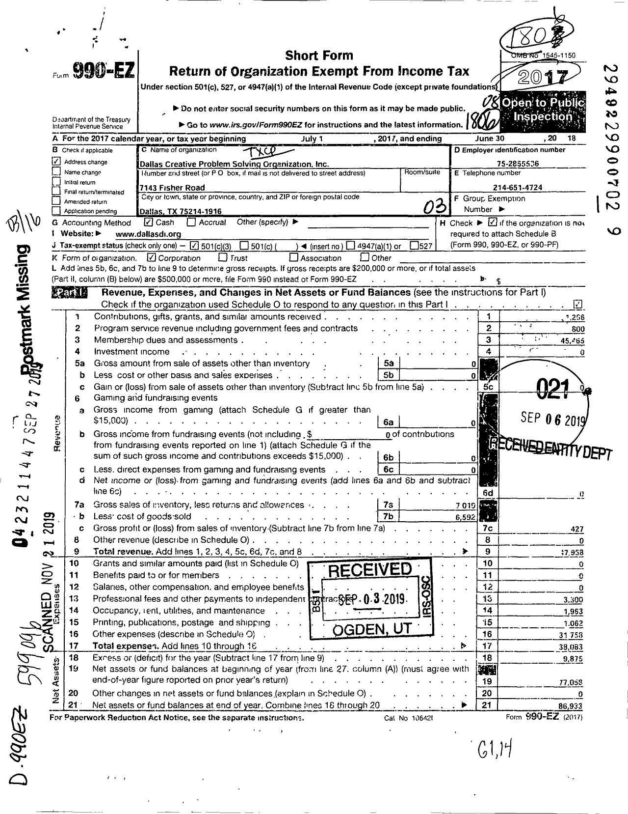 Image of first page of 2017 Form 990EZ for Txcpso / Dallas Region Cpso