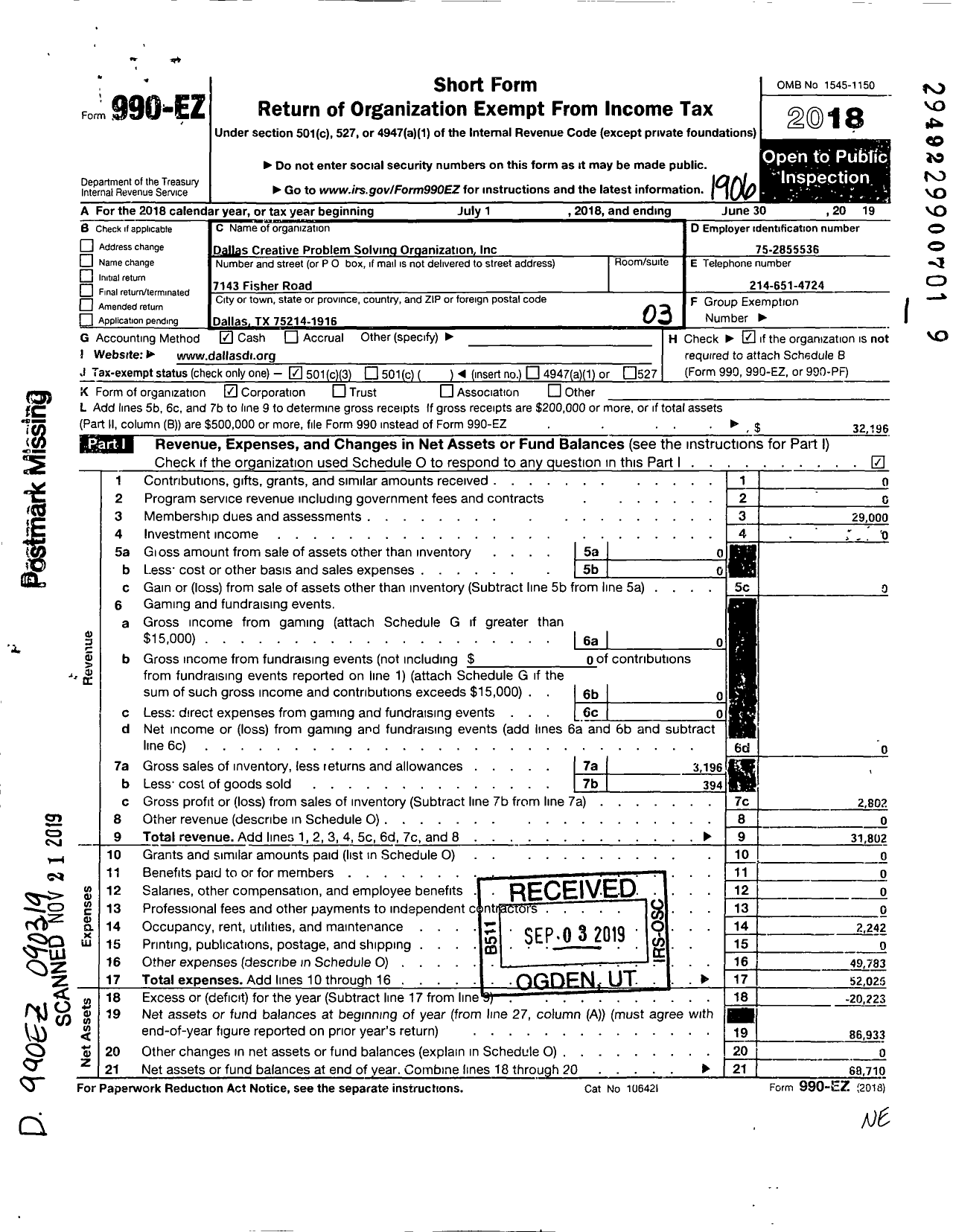 Image of first page of 2018 Form 990EZ for Txcpso / Dallas Region Cpso