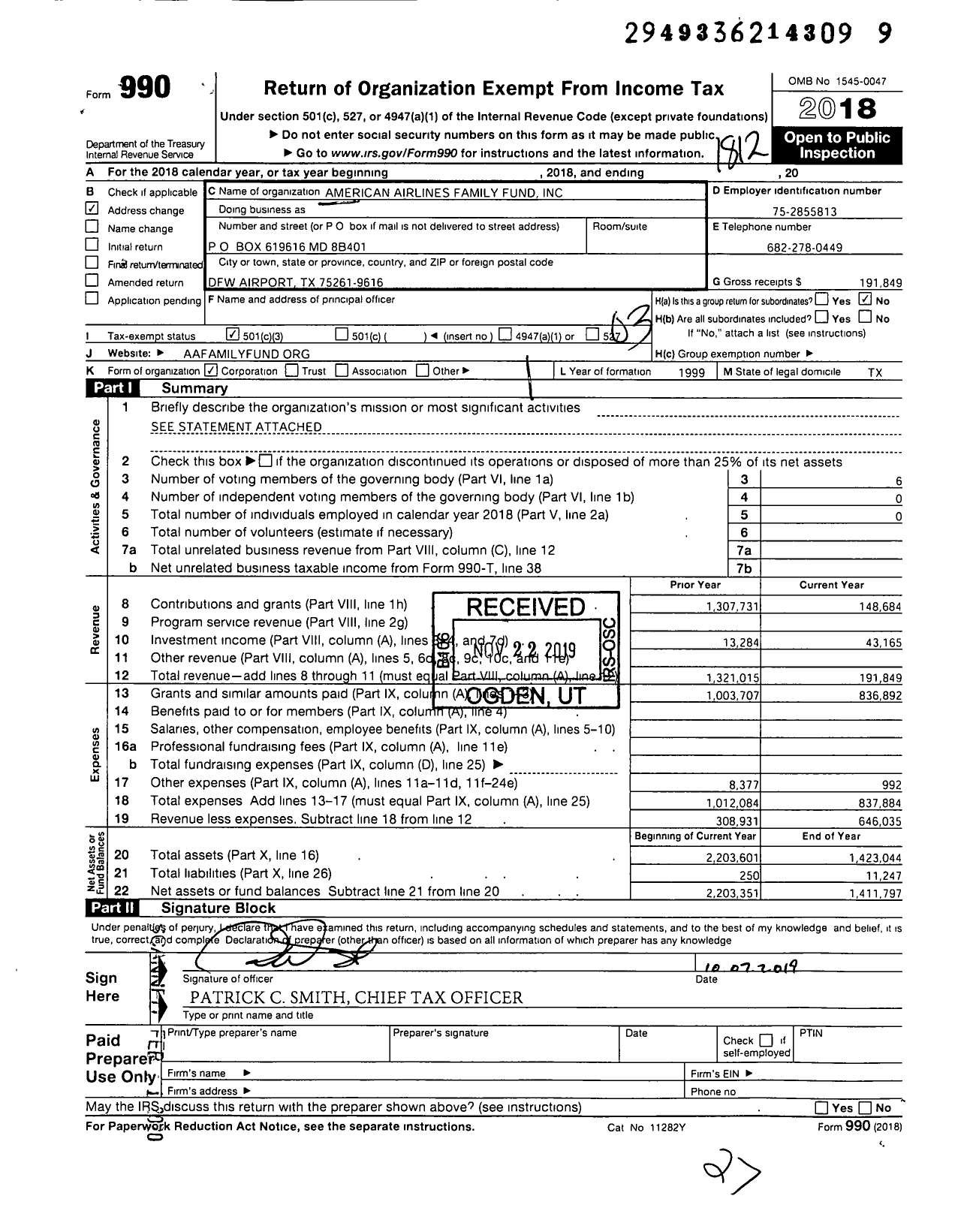 Image of first page of 2018 Form 990 for American Airlines Family Fund