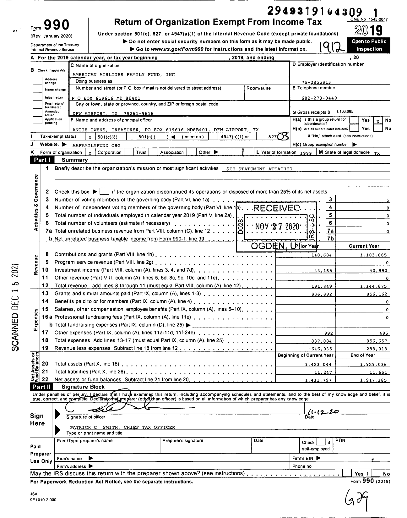 Image of first page of 2019 Form 990 for American Airlines Family Fund