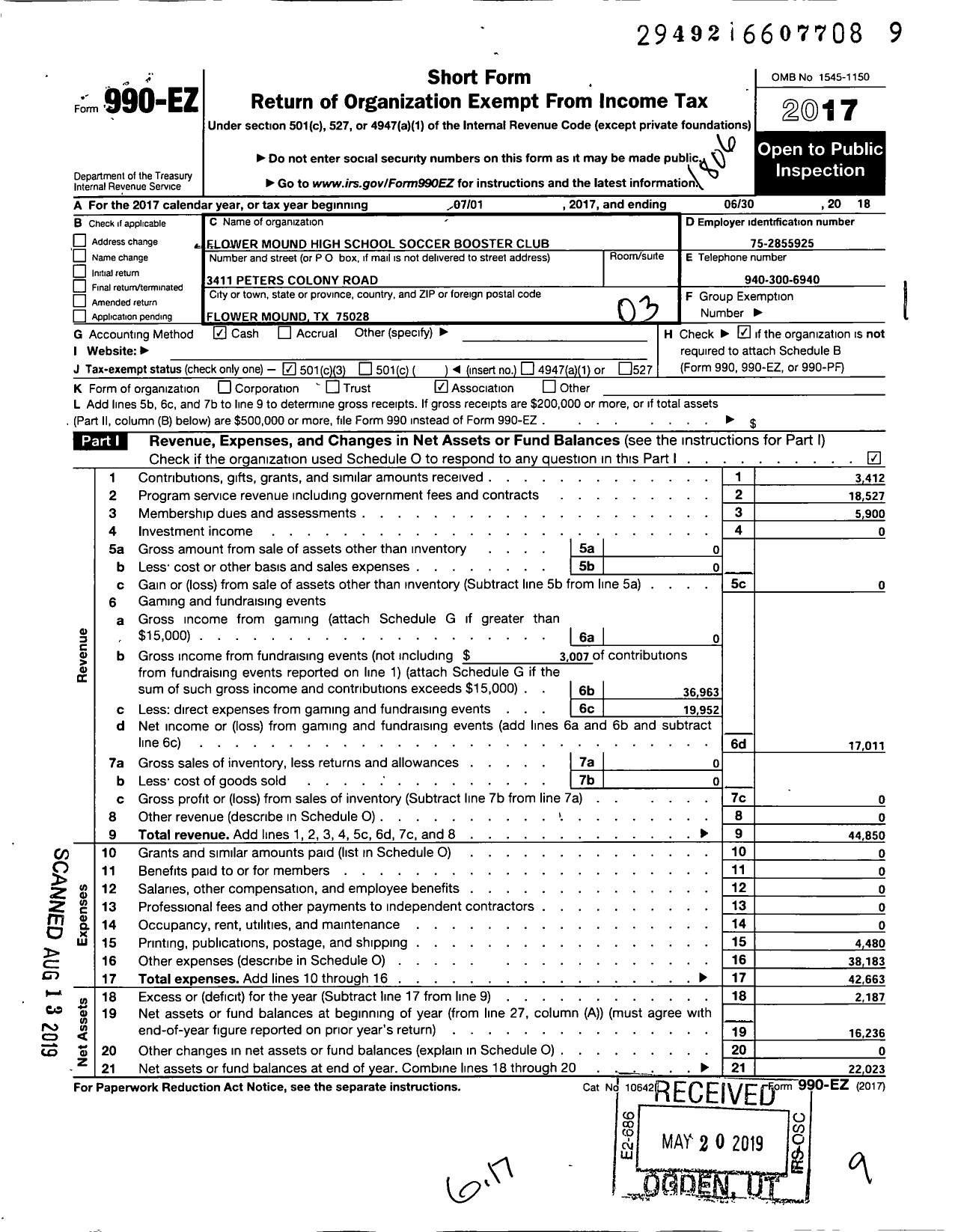 Image of first page of 2017 Form 990EZ for Flower Mound High School Soccer Booster