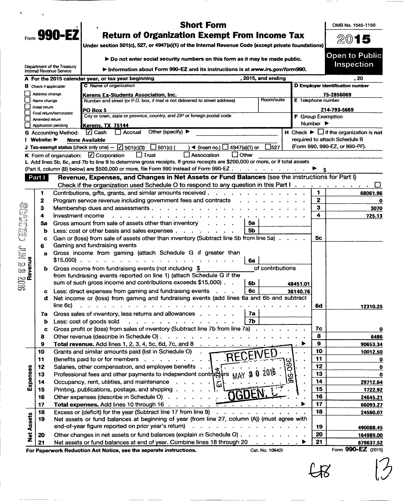 Image of first page of 2015 Form 990EZ for Kerens Ex-Student Association Incorporated