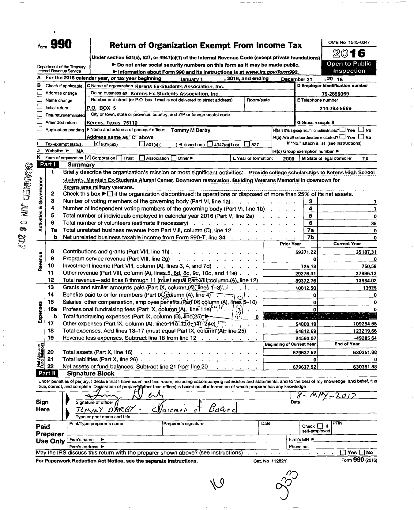 Image of first page of 2016 Form 990 for Kerens Ex-Student Association Incorporated