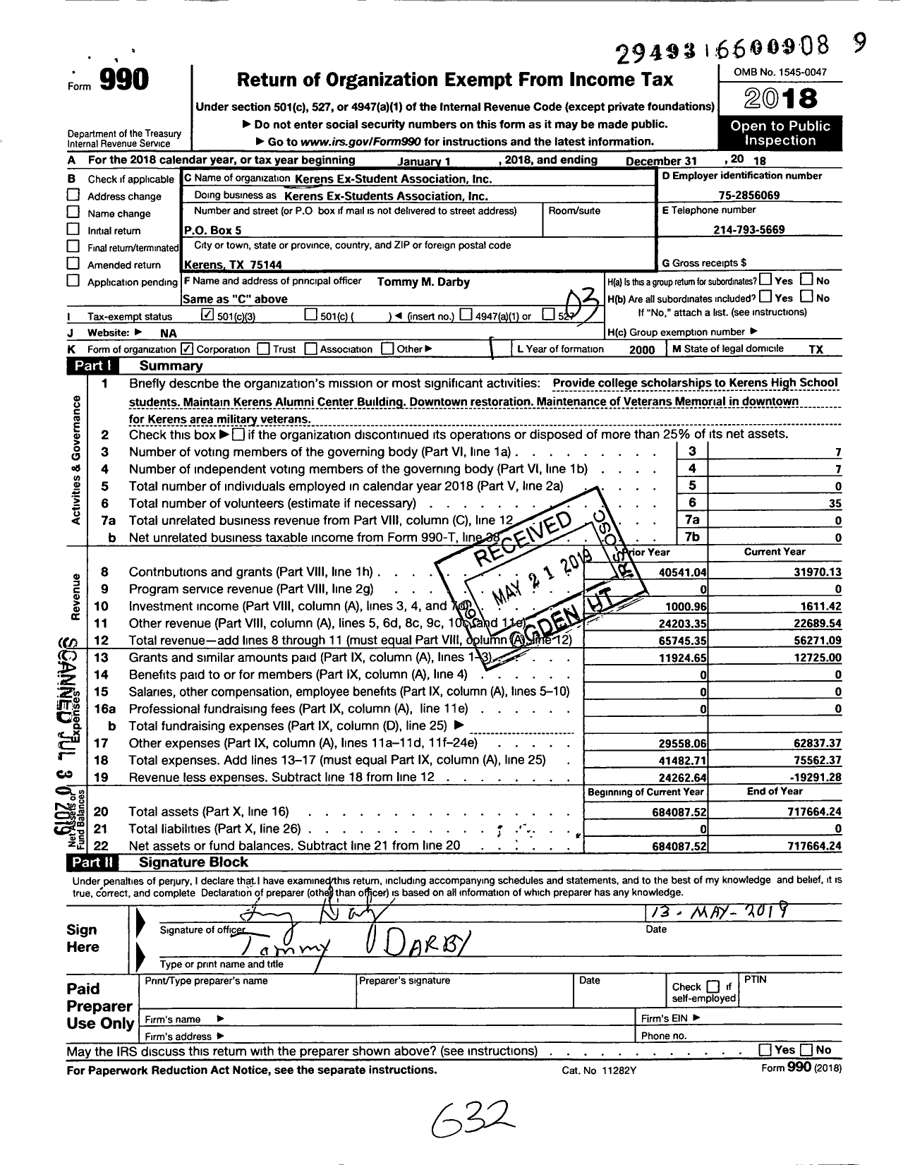 Image of first page of 2018 Form 990 for Kerens Ex-Student Association Incorporated