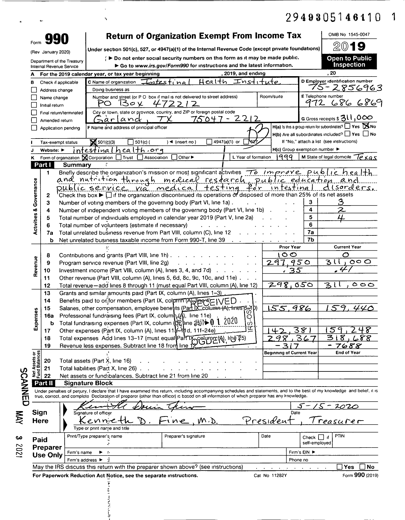 Image of first page of 2019 Form 990 for Intestinal Health Institute