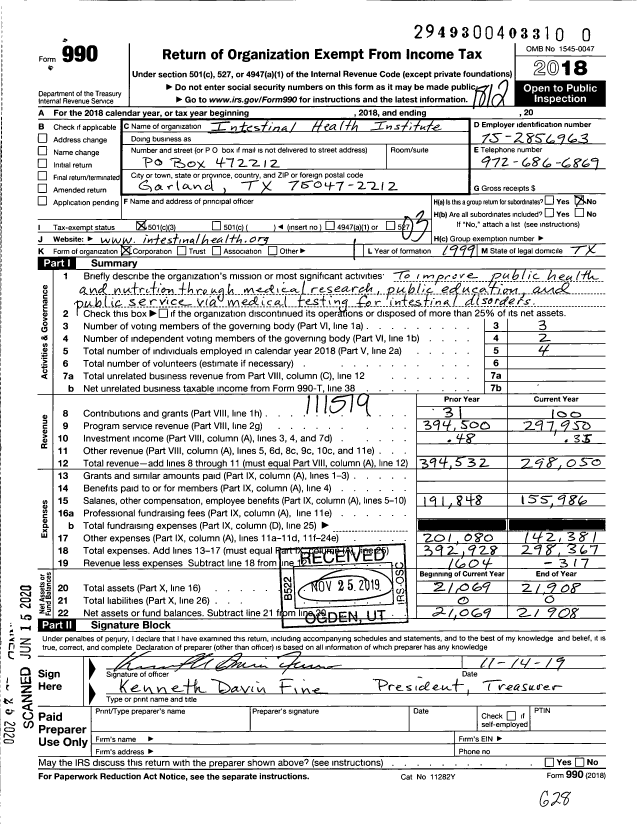 Image of first page of 2018 Form 990 for Intestinal Health Institute