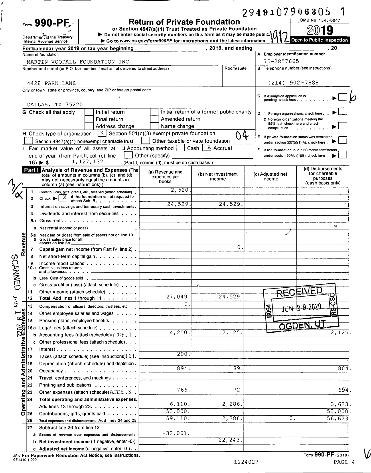 Image of first page of 2019 Form 990PF for Martin Woodall Foundation