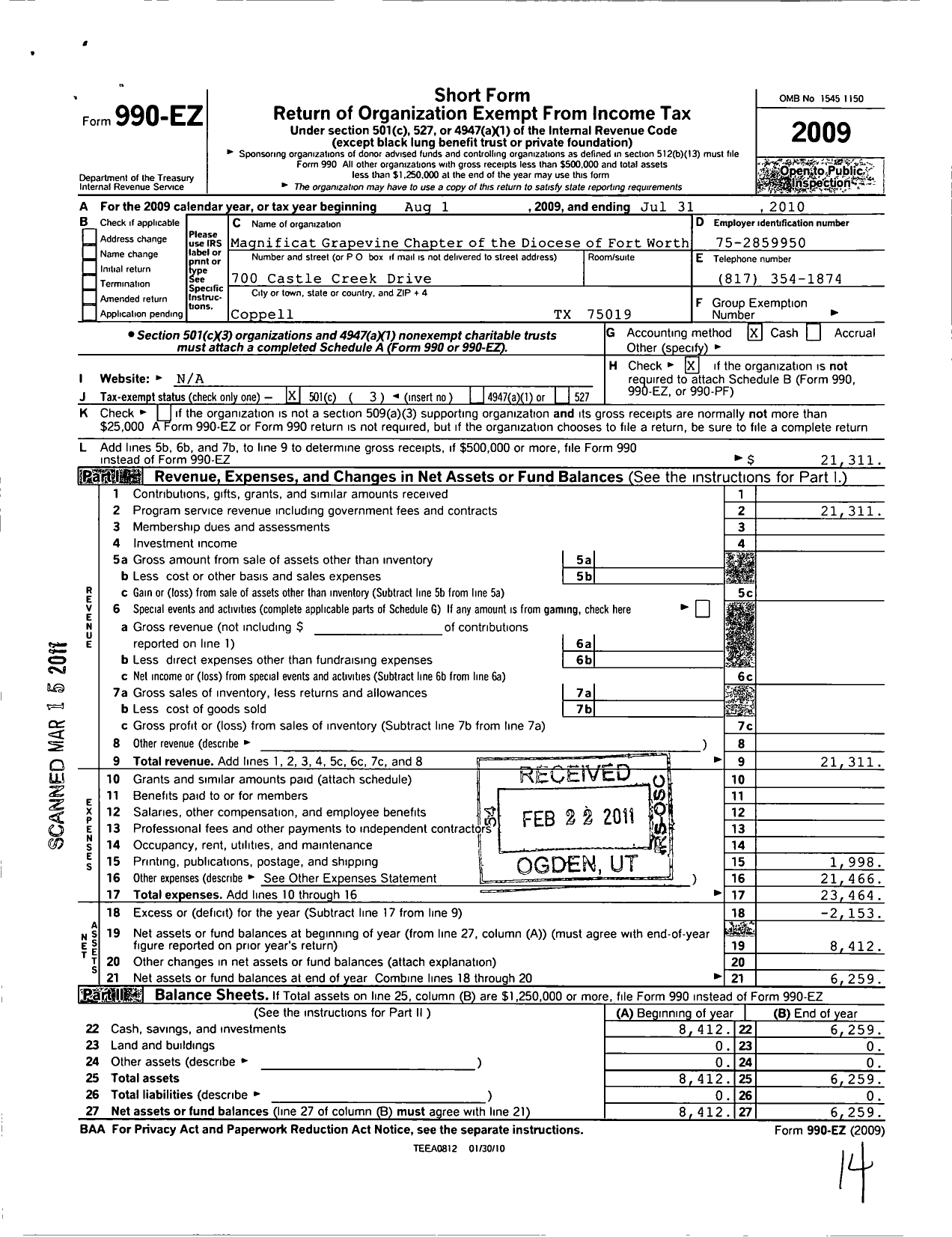 Image of first page of 2009 Form 990 for Magnificat Grapevine Chapter of the Diocese of Fort Worth