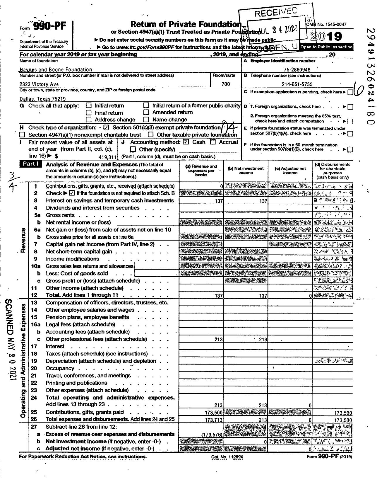 Image of first page of 2019 Form 990PF for Haynes and Boone Foundation