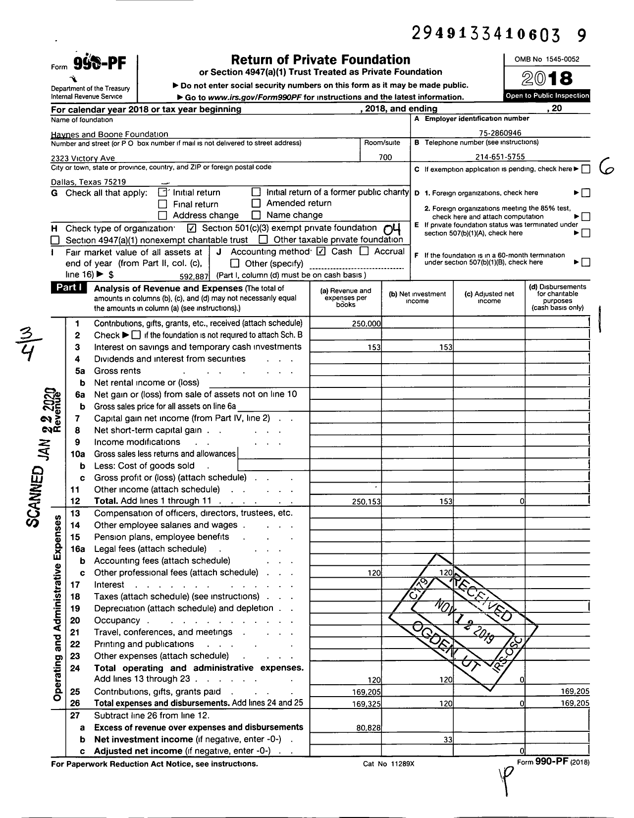 Image of first page of 2018 Form 990PF for Haynes and Boone Foundation