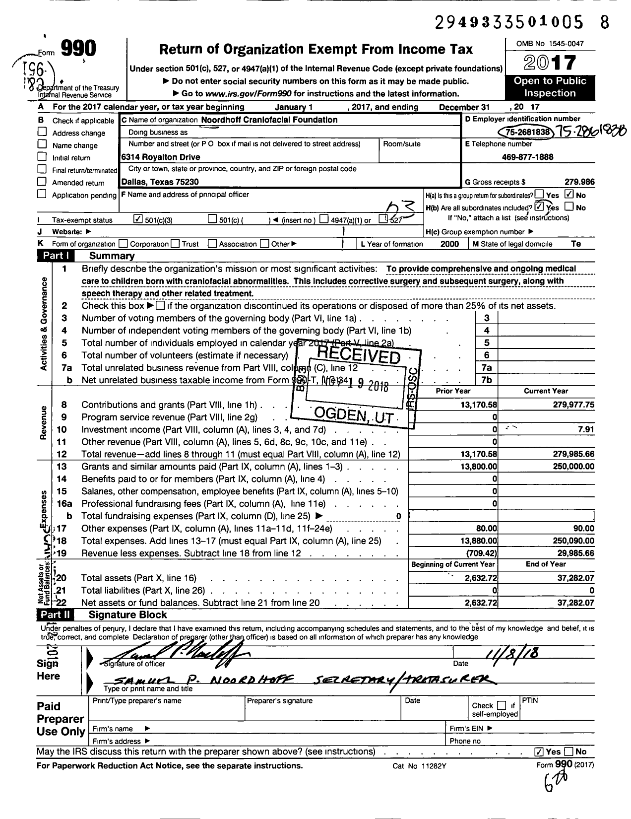 Image of first page of 2017 Form 990 for Noordhoff Craniofacial Foundation