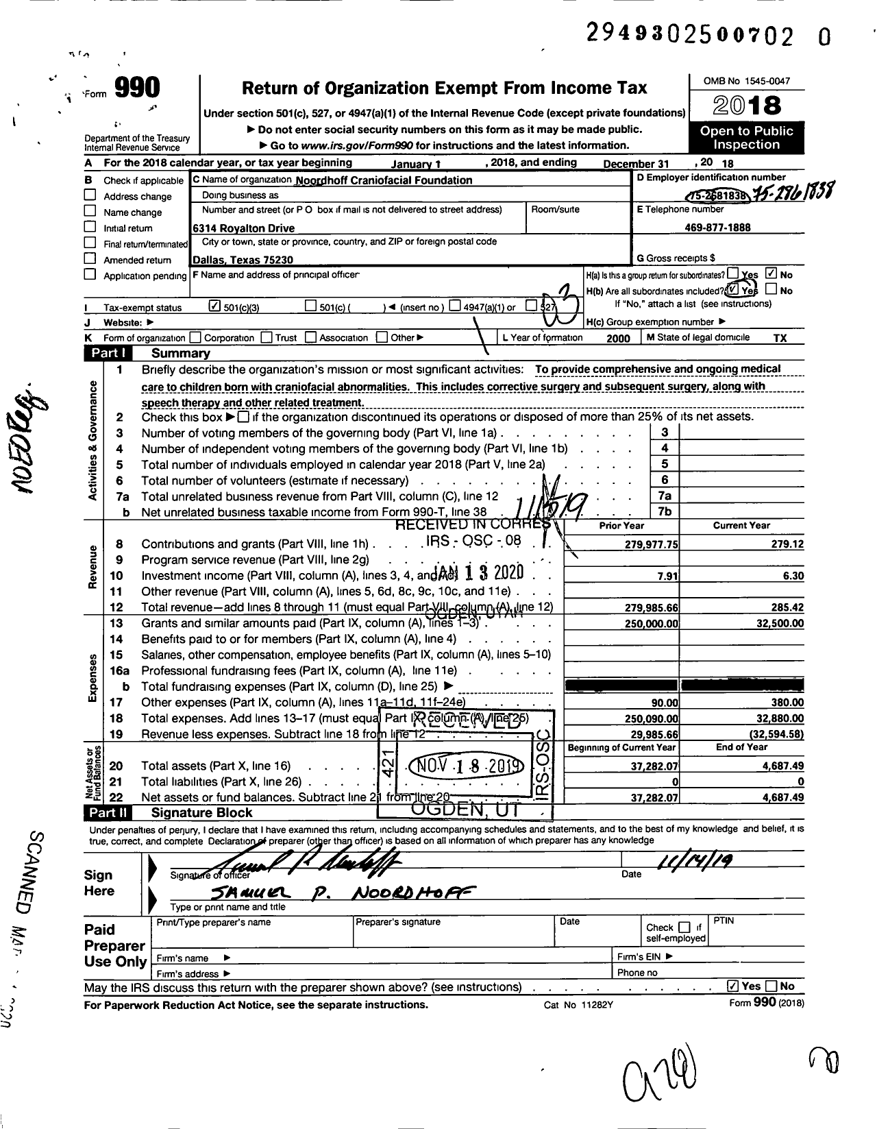 Image of first page of 2018 Form 990 for Noordhoff Craniofacial Foundation