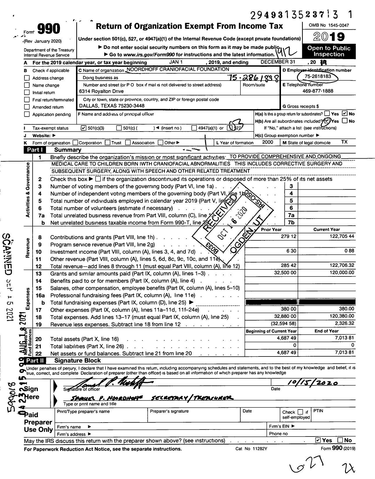 Image of first page of 2019 Form 990 for Noordhoff Craniofacial Foundation