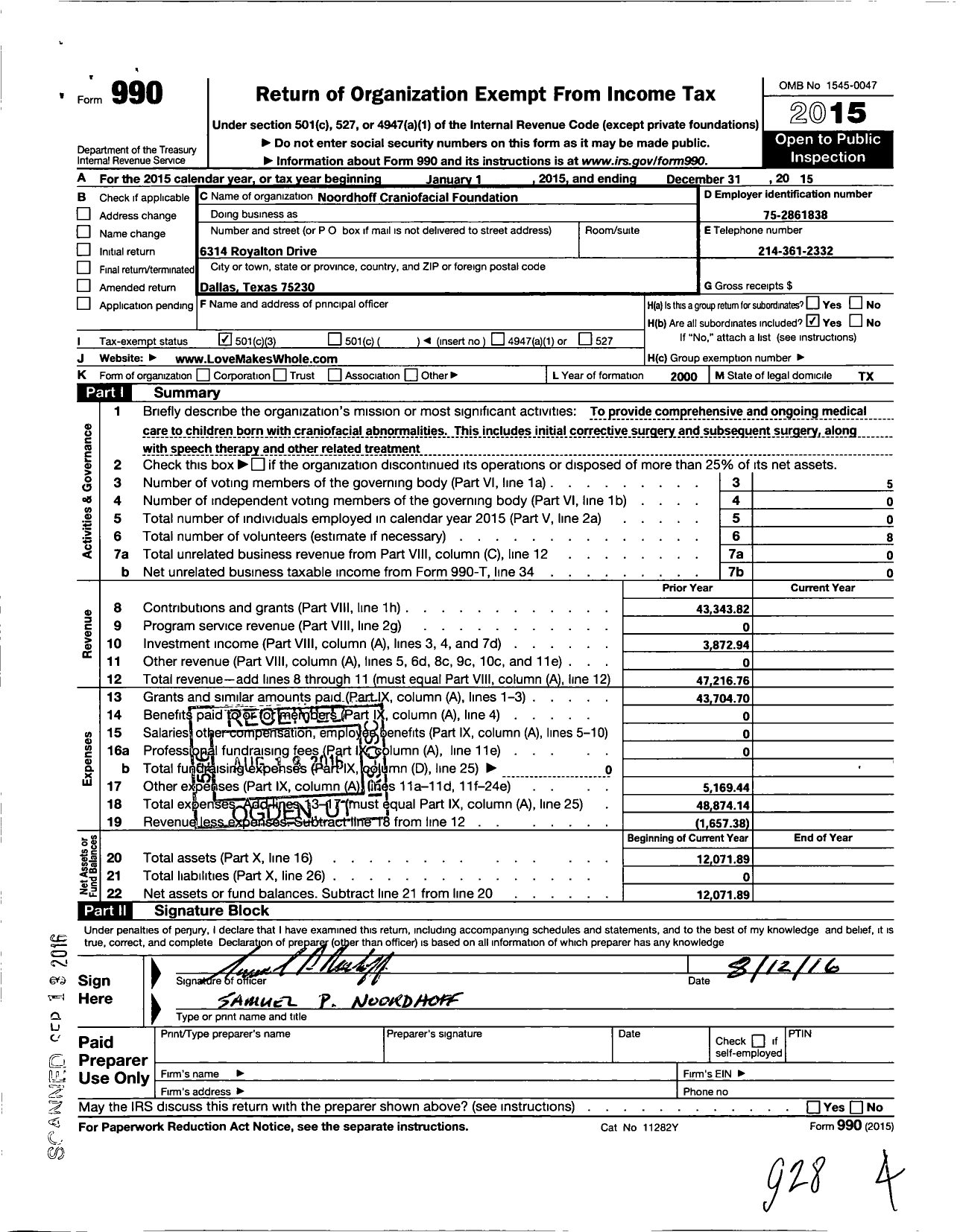 Image of first page of 2015 Form 990 for Noordhoff Craniofacial Foundation