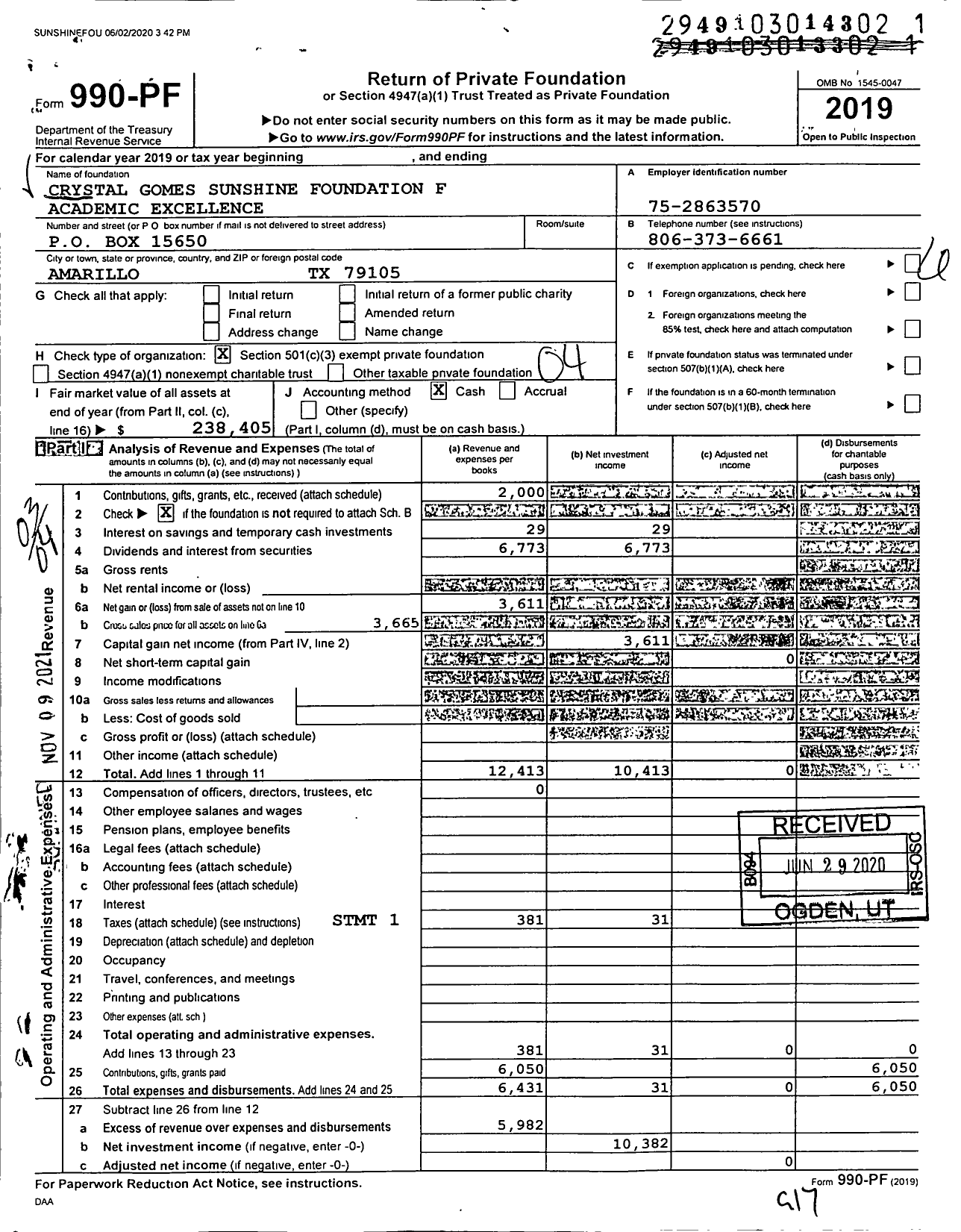 Image of first page of 2019 Form 990PF for Crystal Gomes Sunshine Foundation for Academic Excellence