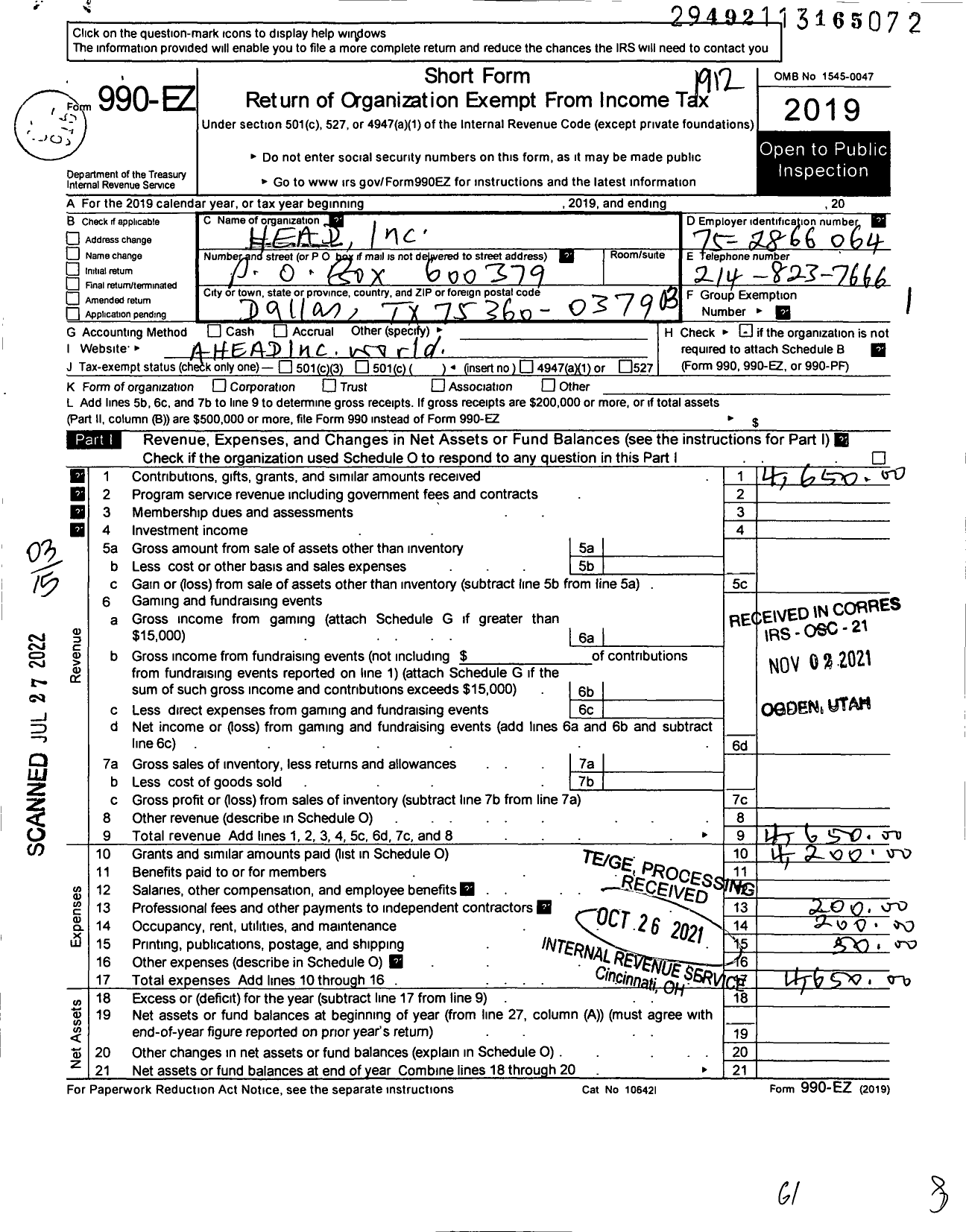 Image of first page of 2019 Form 990EZ for African Health Education and Develo (AHEAD)