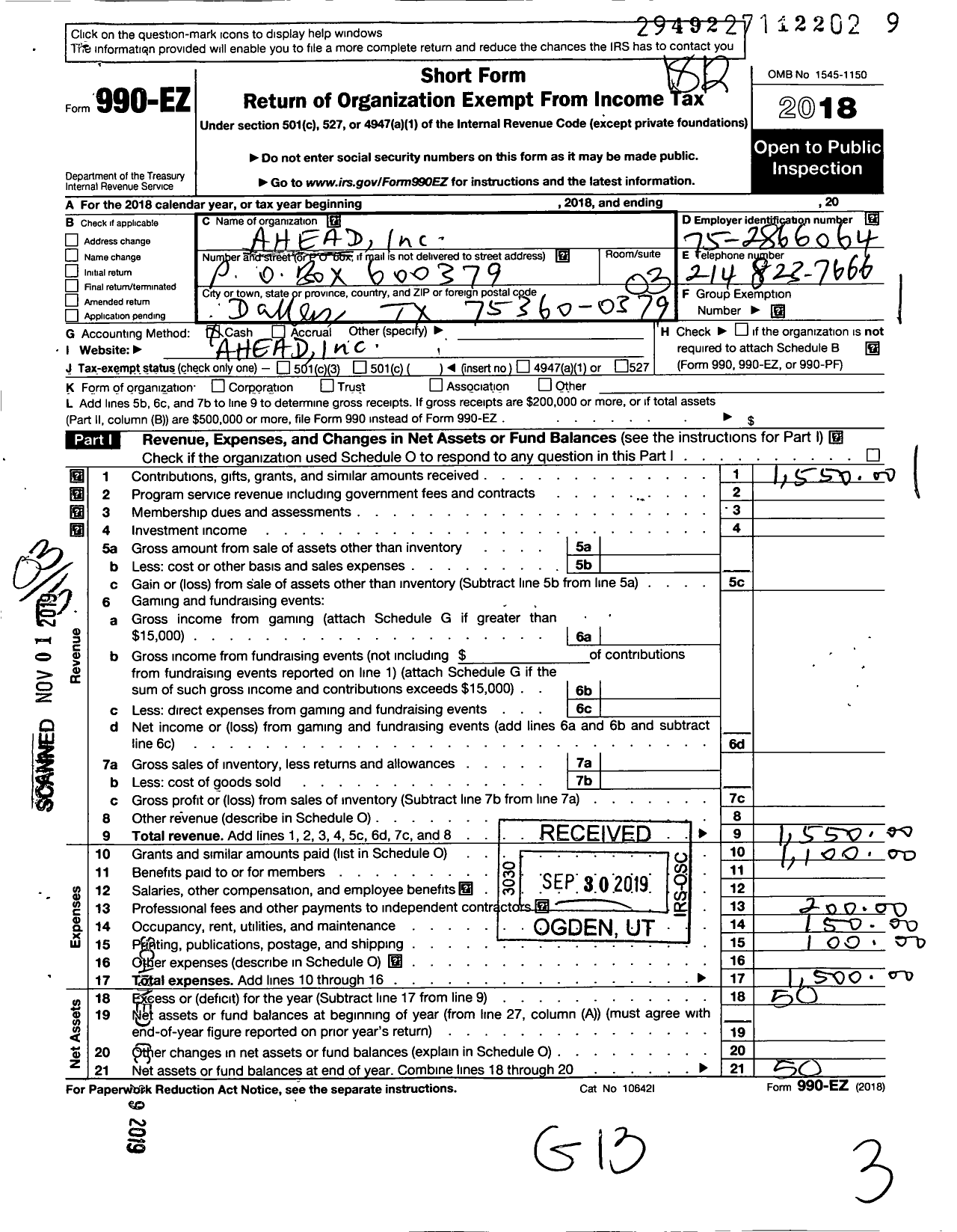 Image of first page of 2018 Form 990EZ for African Health Education and Develo (AHEAD)