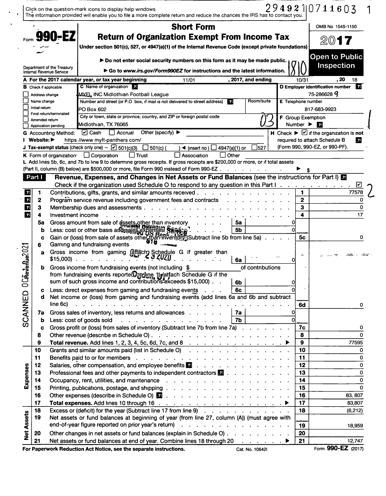 Image of first page of 2017 Form 990EZ for MYFL Inc Midlothian Youth Football League