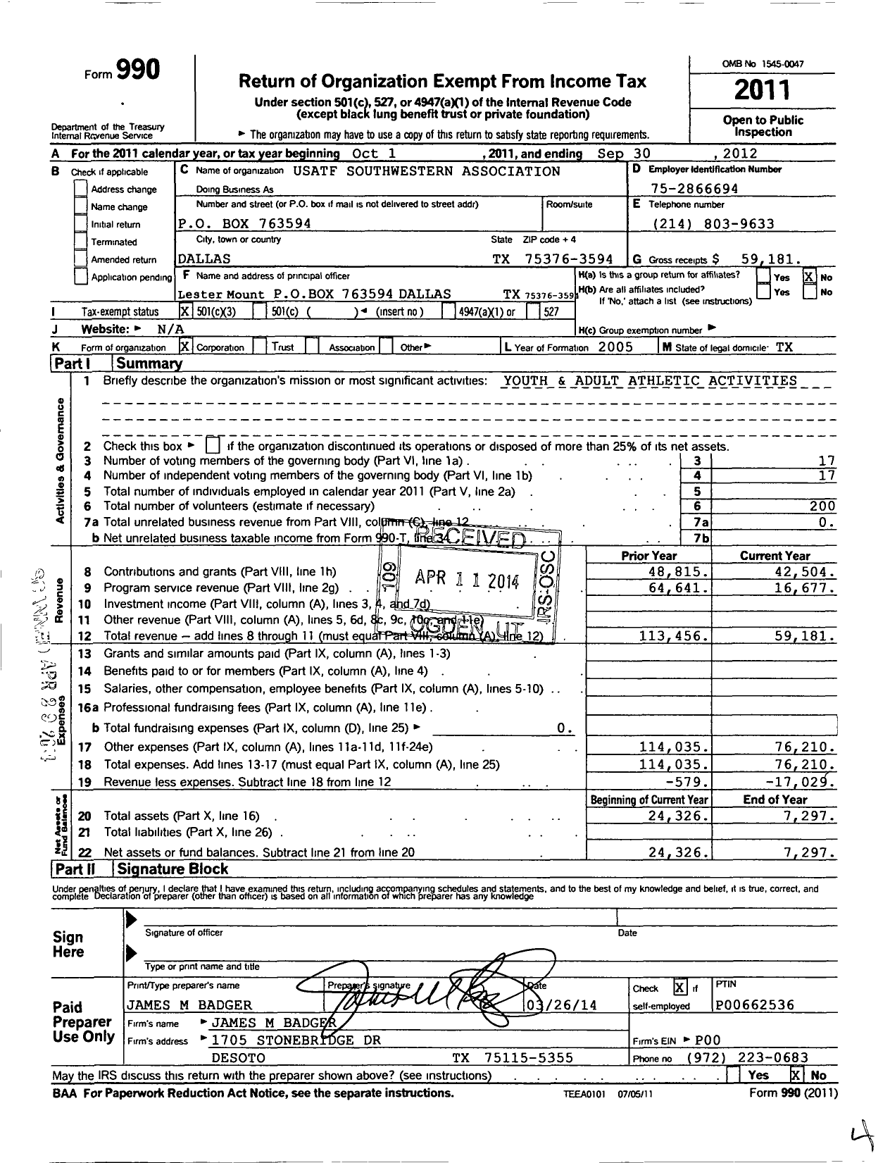 Image of first page of 2011 Form 990 for Usatf Southwestern Association