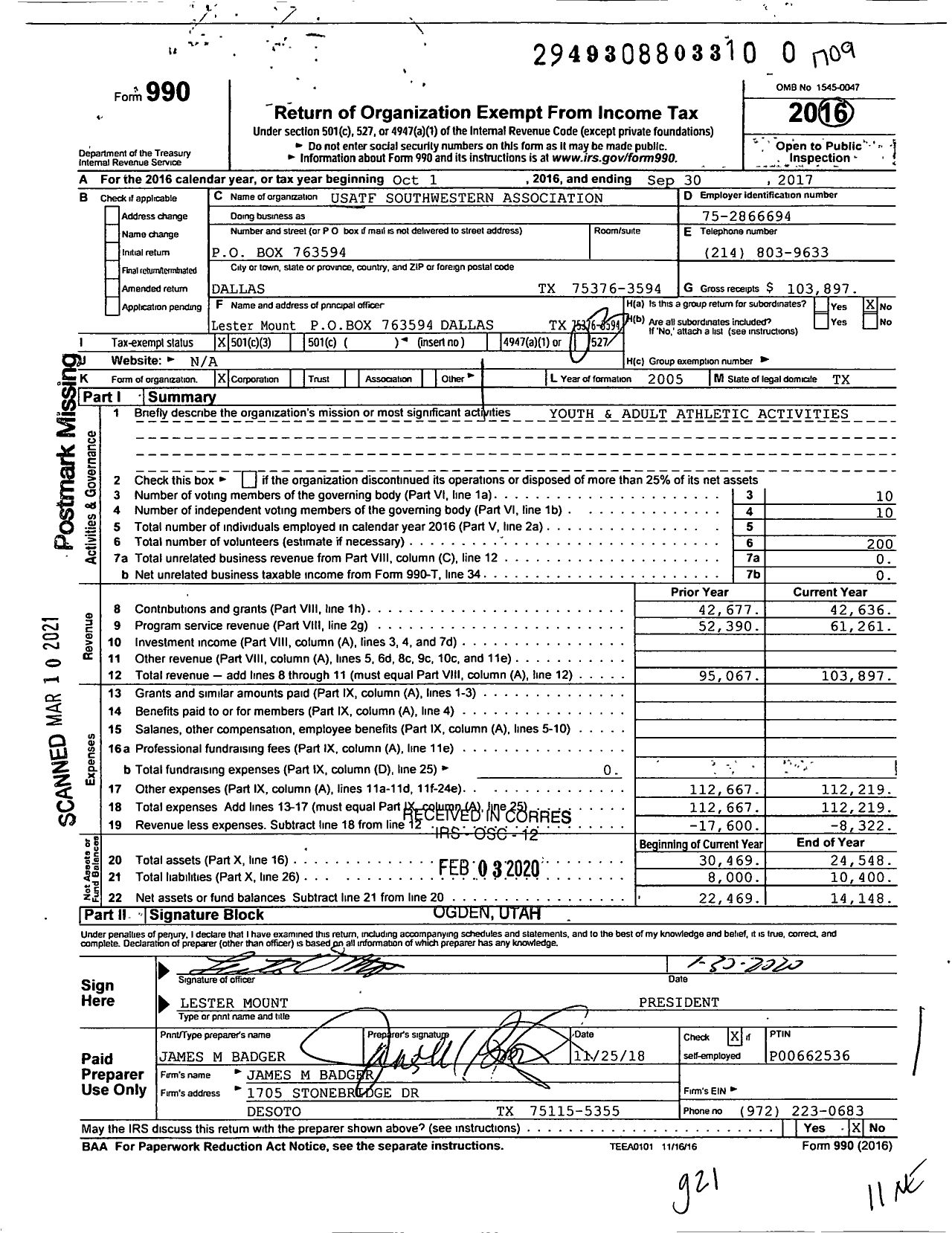 Image of first page of 2016 Form 990 for Usatf Southwestern Association