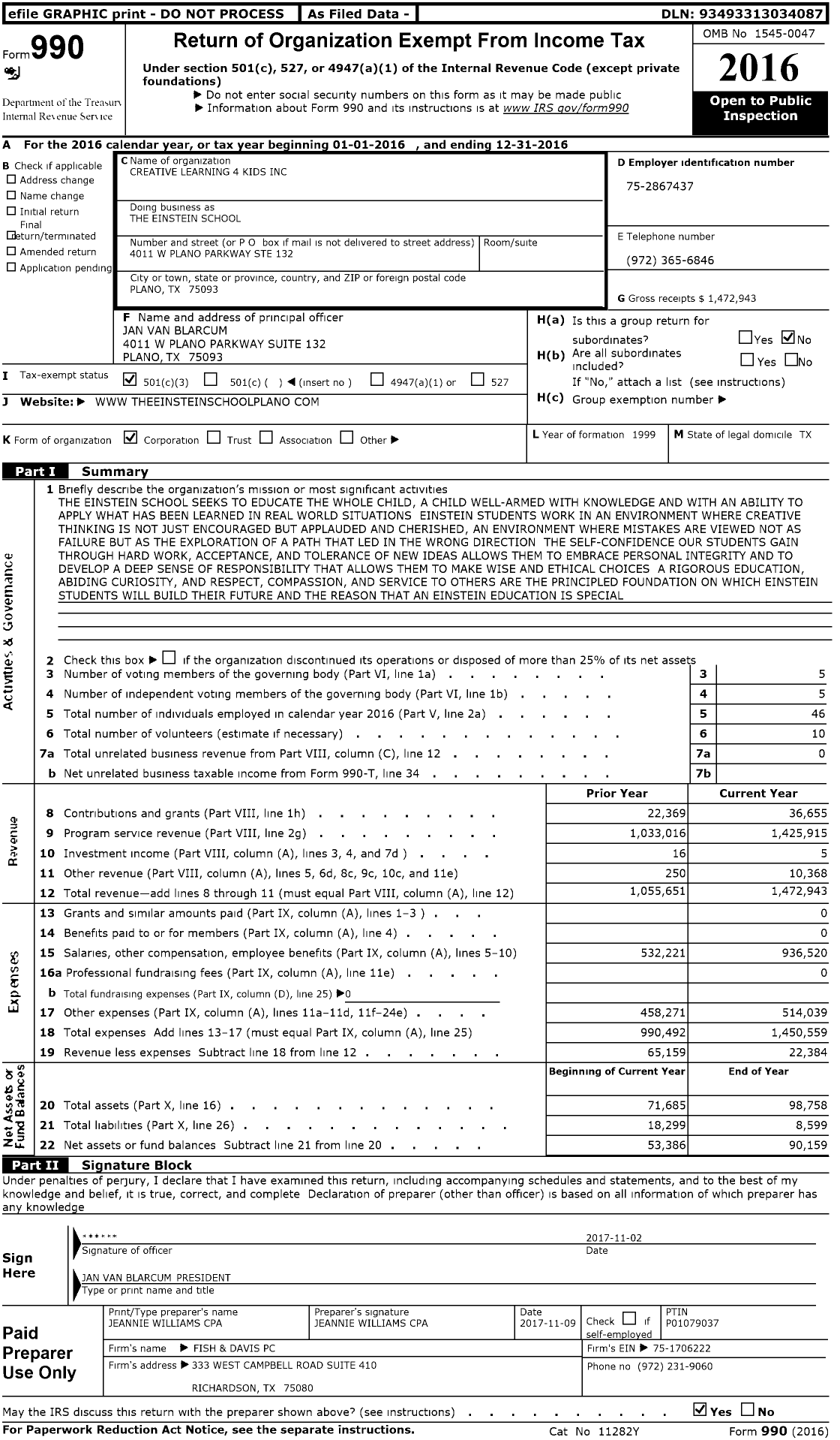 Image of first page of 2016 Form 990 for The Einstein School
