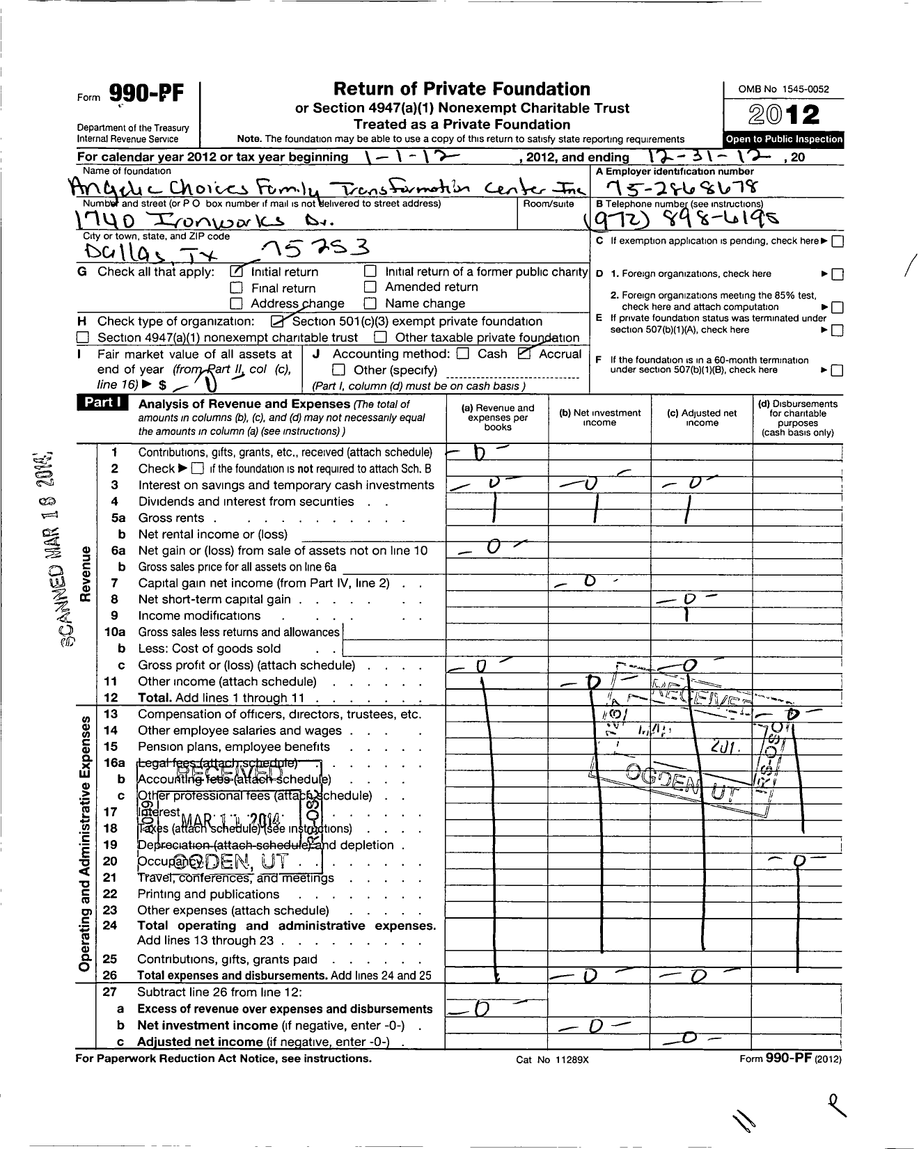 Image of first page of 2012 Form 990PF for Angelic Choices Family Transformation Center