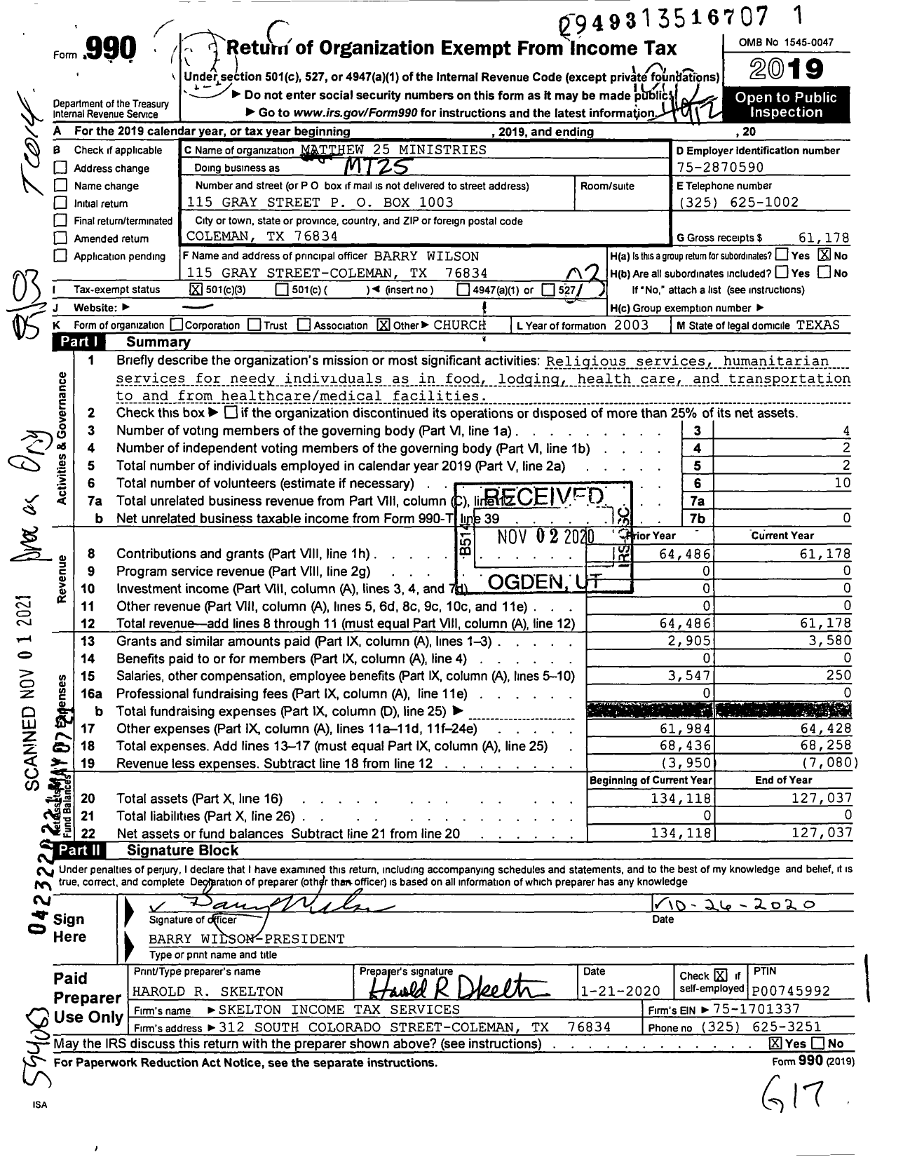 Image of first page of 2019 Form 990 for Matthew 25 Ministries