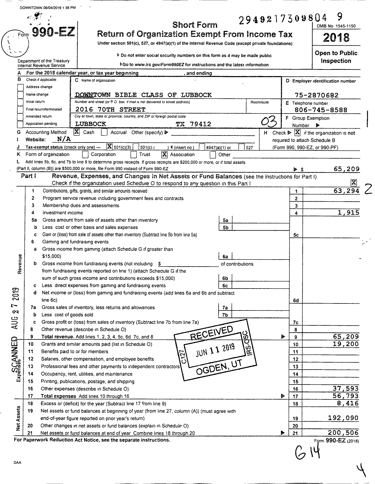 Image of first page of 2018 Form 990EZ for Downtown Bible Class of Lubbock