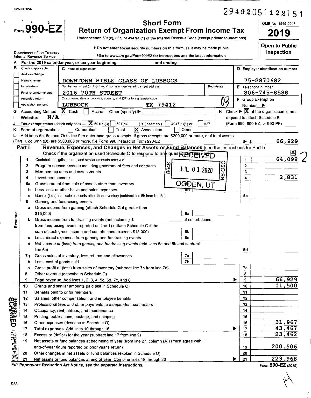 Image of first page of 2019 Form 990EZ for Downtown Bible Class of Lubbock