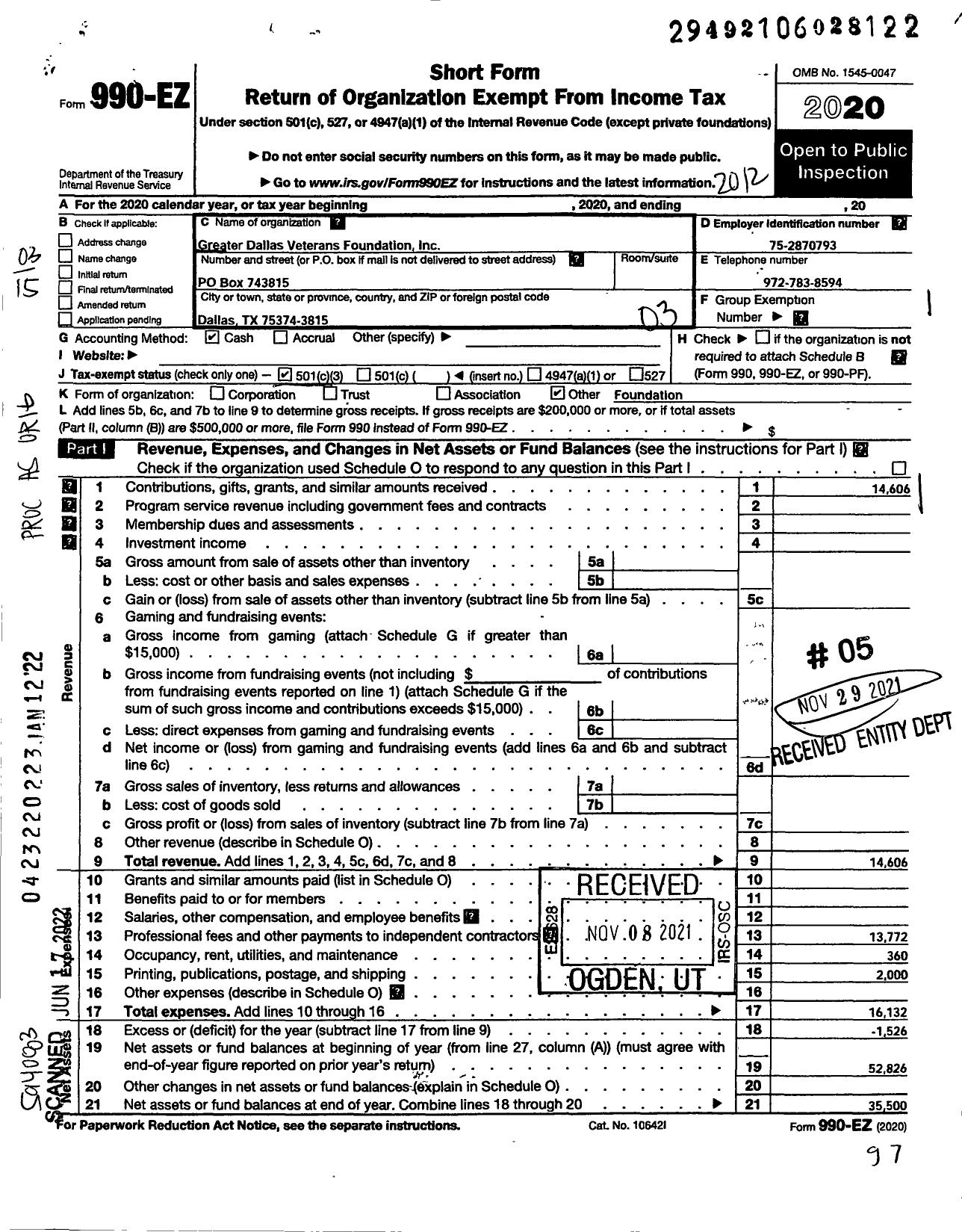 Image of first page of 2020 Form 990EZ for Greater Dallas Veterans Foundation