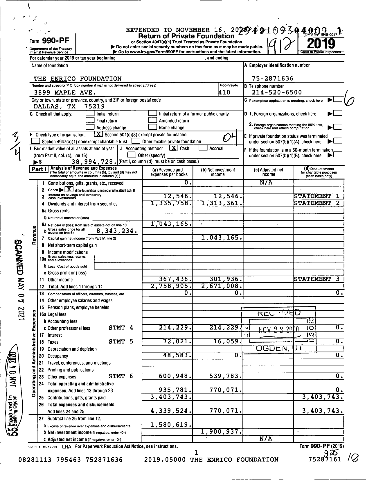 Image of first page of 2019 Form 990PF for The Enrico Foundation