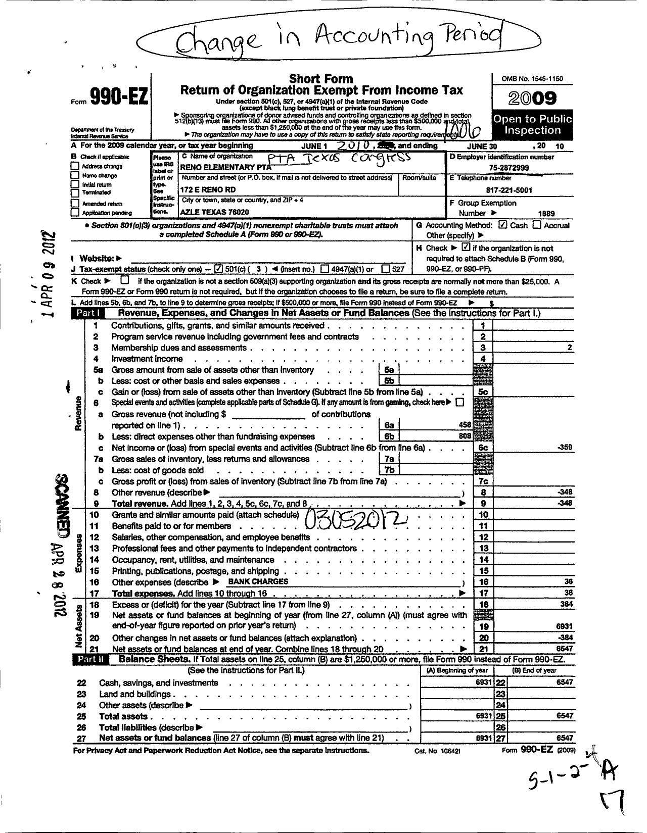 Image of first page of 2009 Form 990EZ for Texas PTA - 9260 Reno Elementary PTA