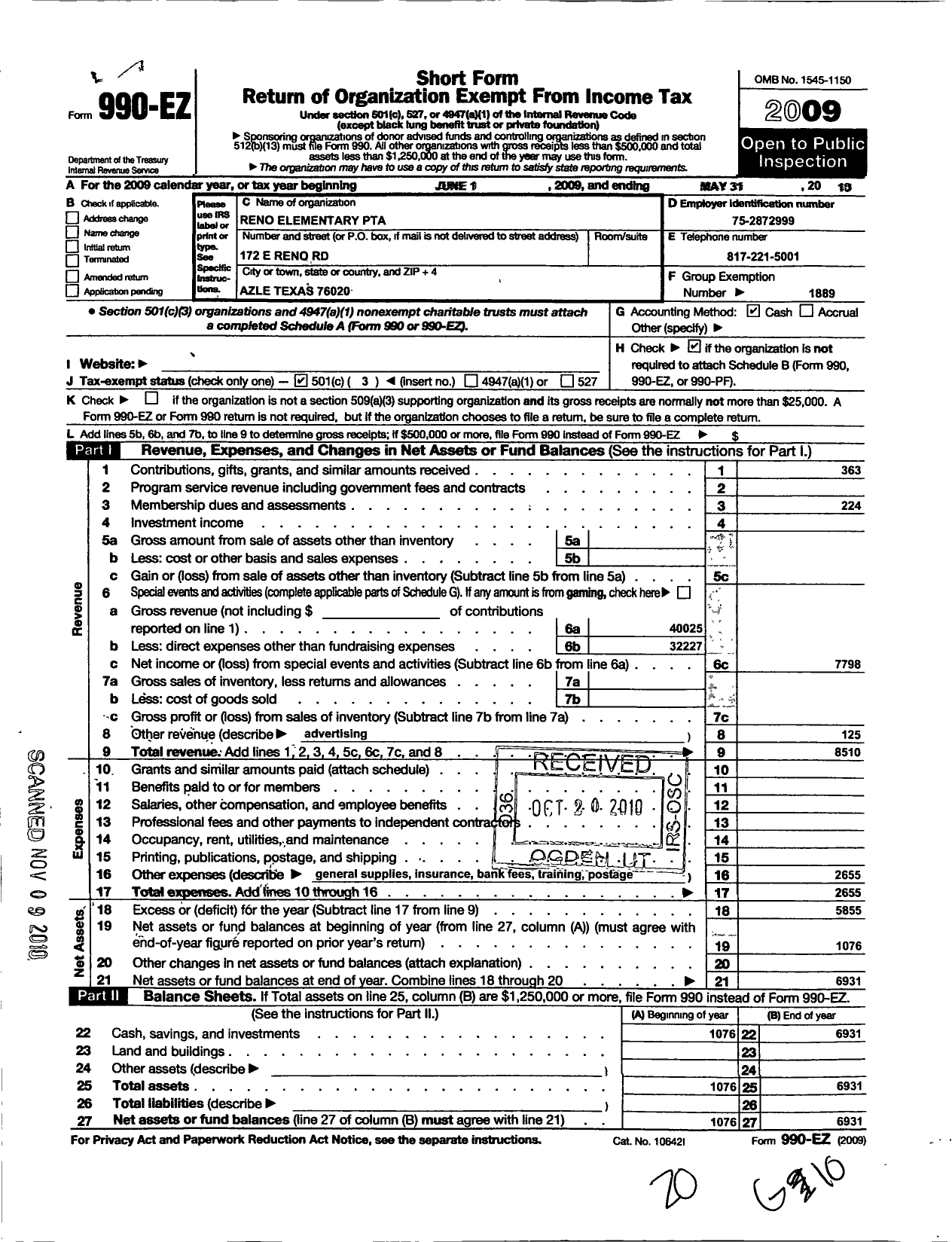 Image of first page of 2009 Form 990EZ for Texas PTA - 9260 Reno Elementary PTA