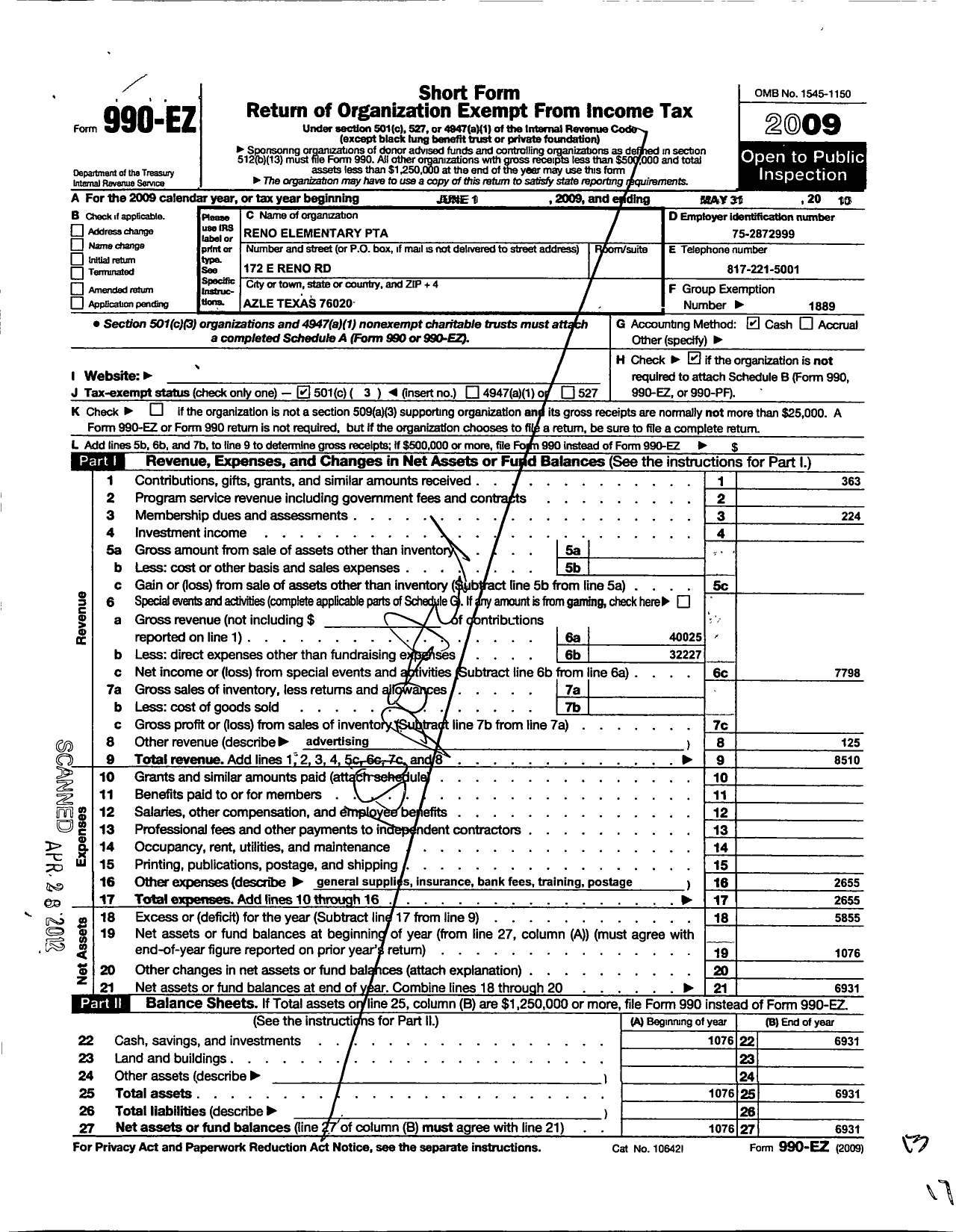 Image of first page of 2009 Form 990EZ for Texas PTA - 9260 Reno Elementary PTA