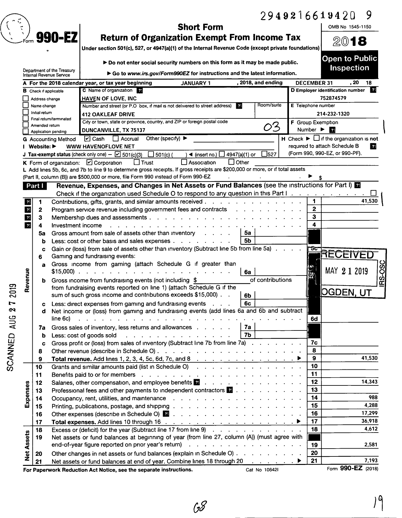 Image of first page of 2018 Form 990EZ for Haven of Love