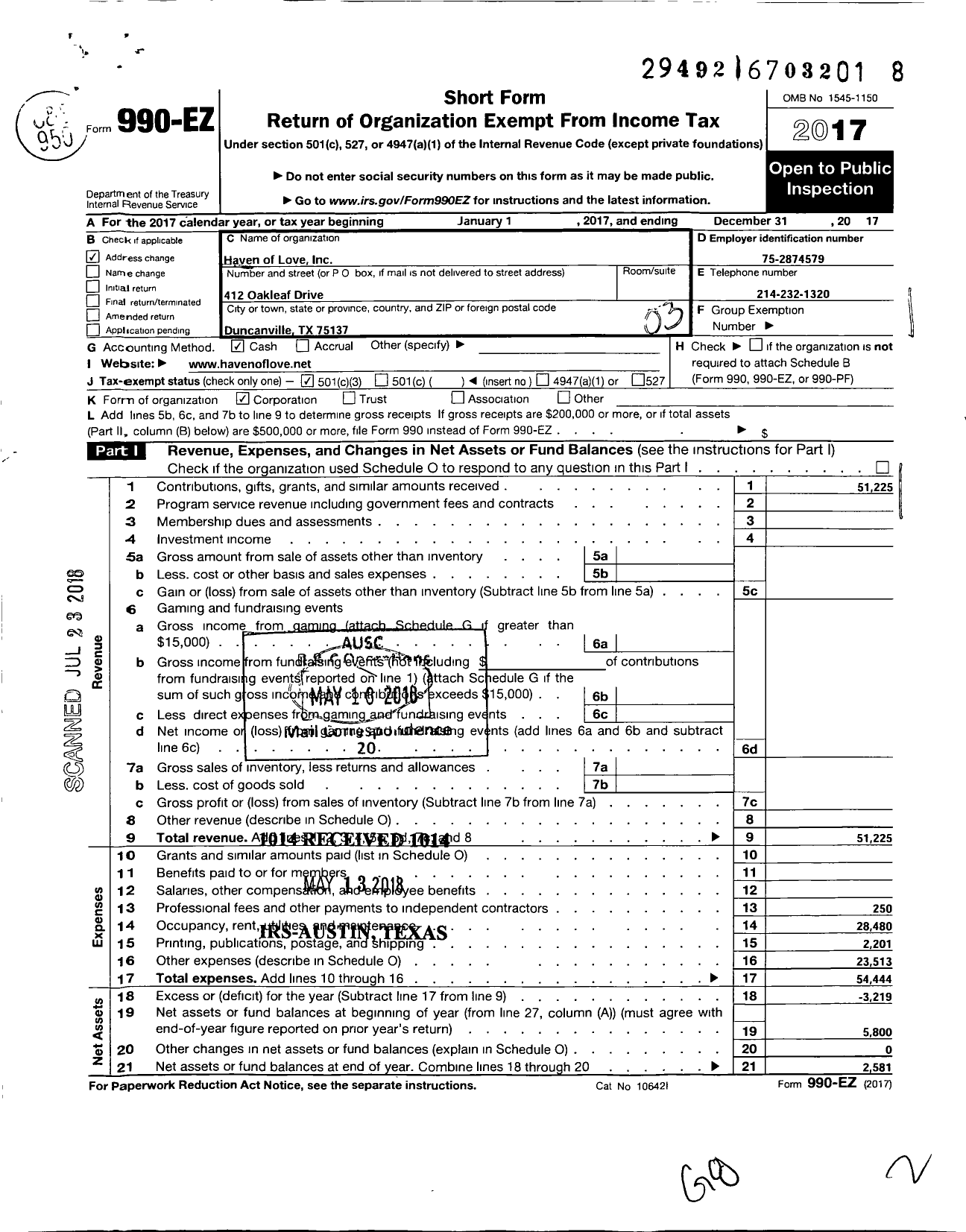 Image of first page of 2017 Form 990EZ for Haven of Love